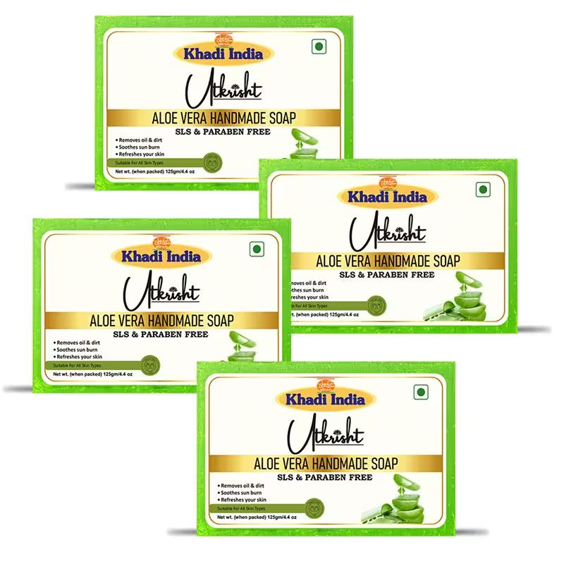 Utkrisht Khadi Handmade Aloevera Bathing Soap For Gently Cleanses, Nourishes Skin (500GM)- Pack Of 4