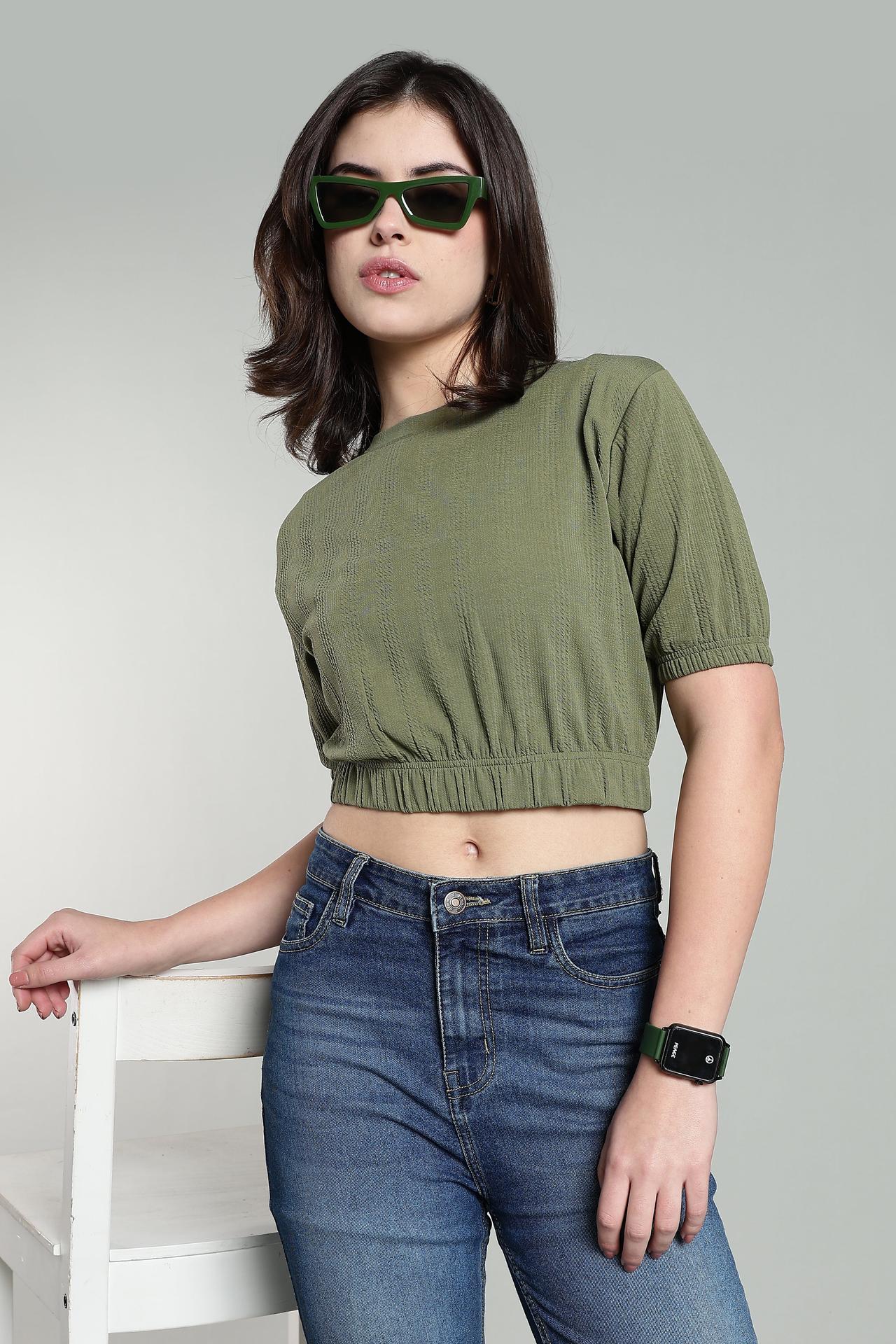 Womens Oversized Crop Top Tshirt - Olive image 2