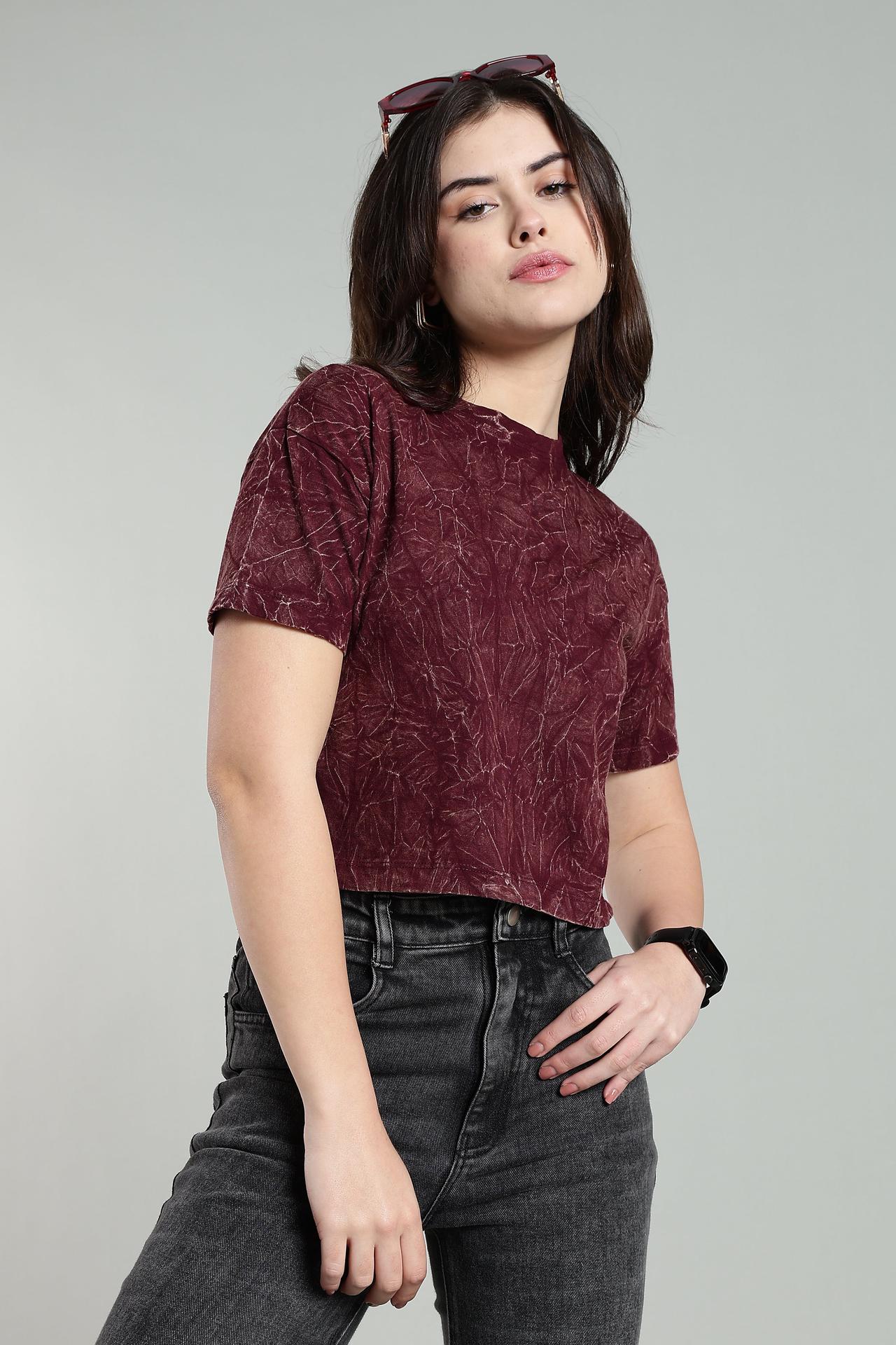 Womens Crop Top Acid Wash Cotton Tshirt - Wine