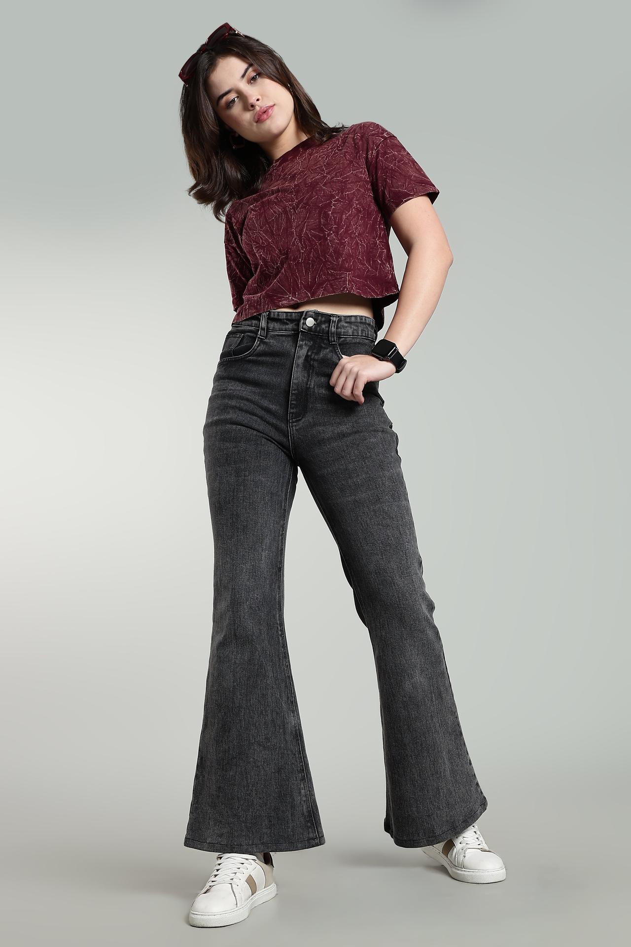 Womens Crop Top Acid Wash Cotton Tshirt - Wine image 2
