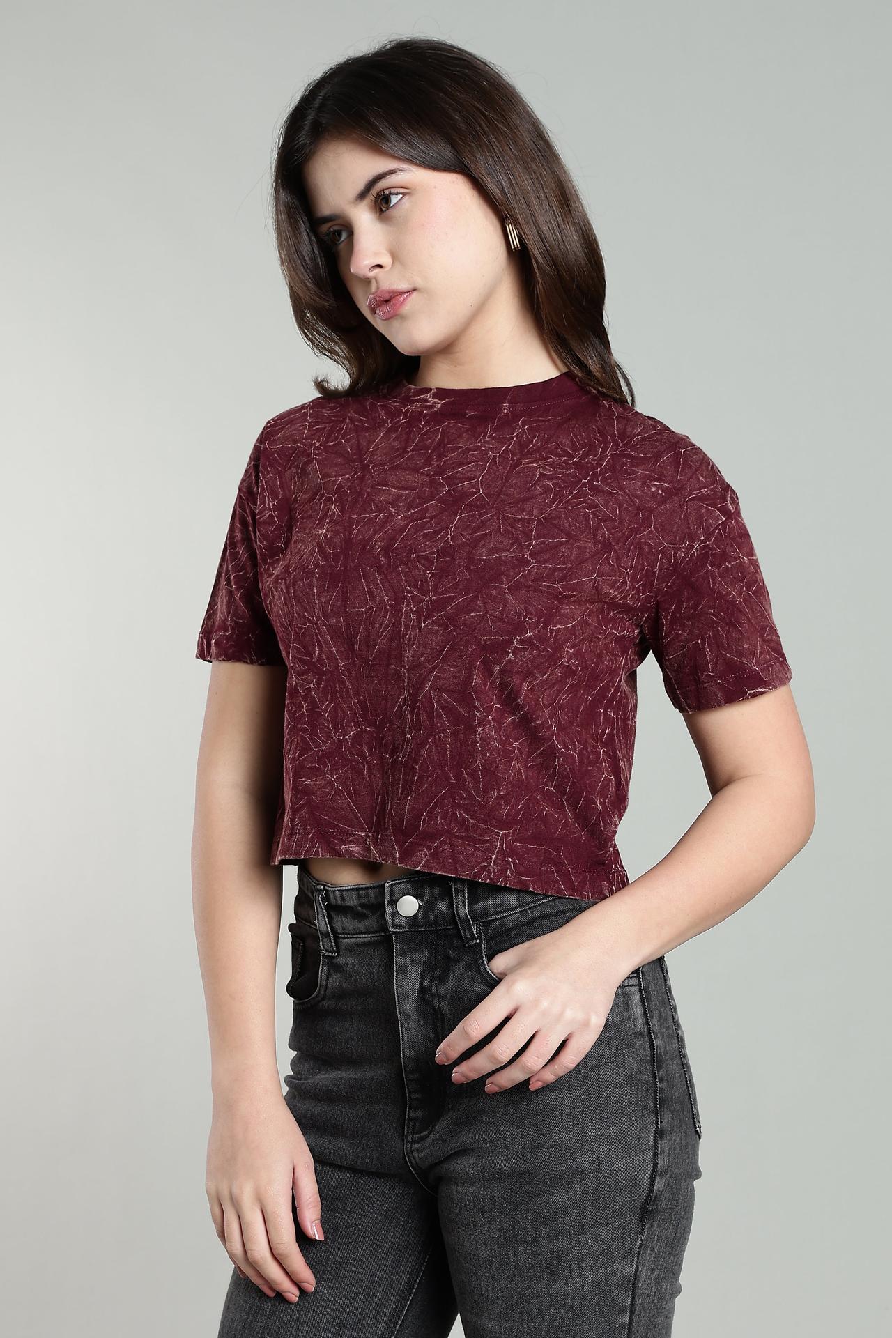 Womens Crop Top Acid Wash Cotton Tshirt - Wine image 3