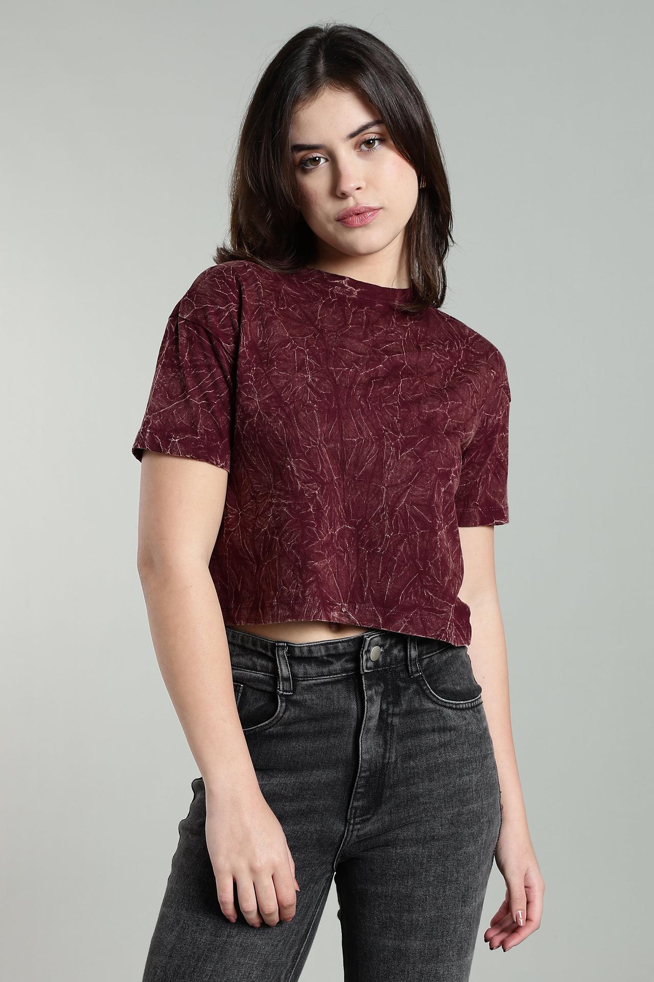 Womens Crop Top Acid Wash Cotton Tshirt - Wine image 4
