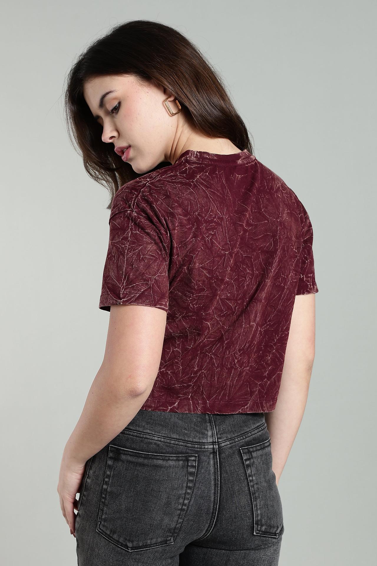 Womens Crop Top Acid Wash Cotton Tshirt - Wine image 5