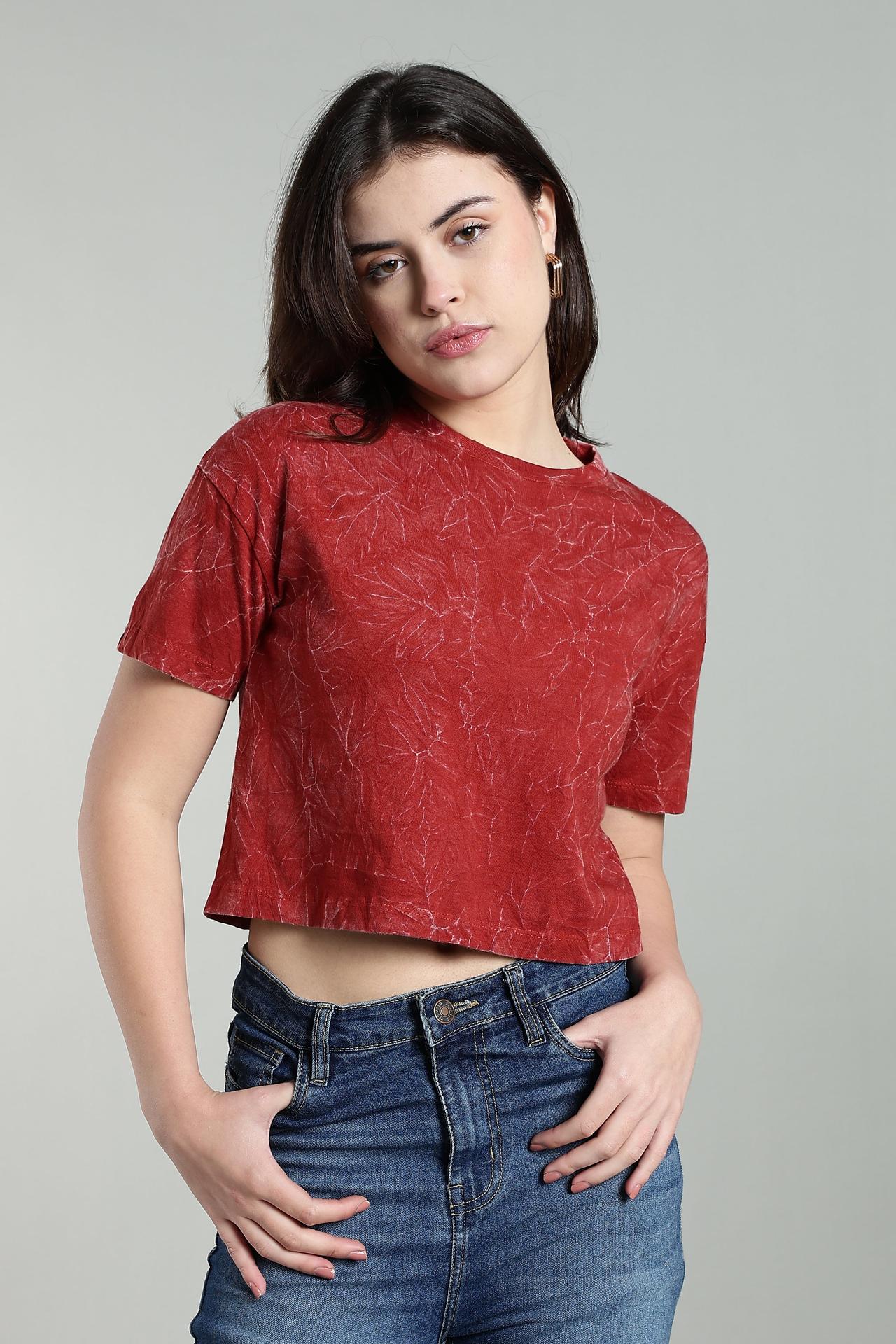 Womens Crop Top Acid Wash Cotton Tshirt - Rust