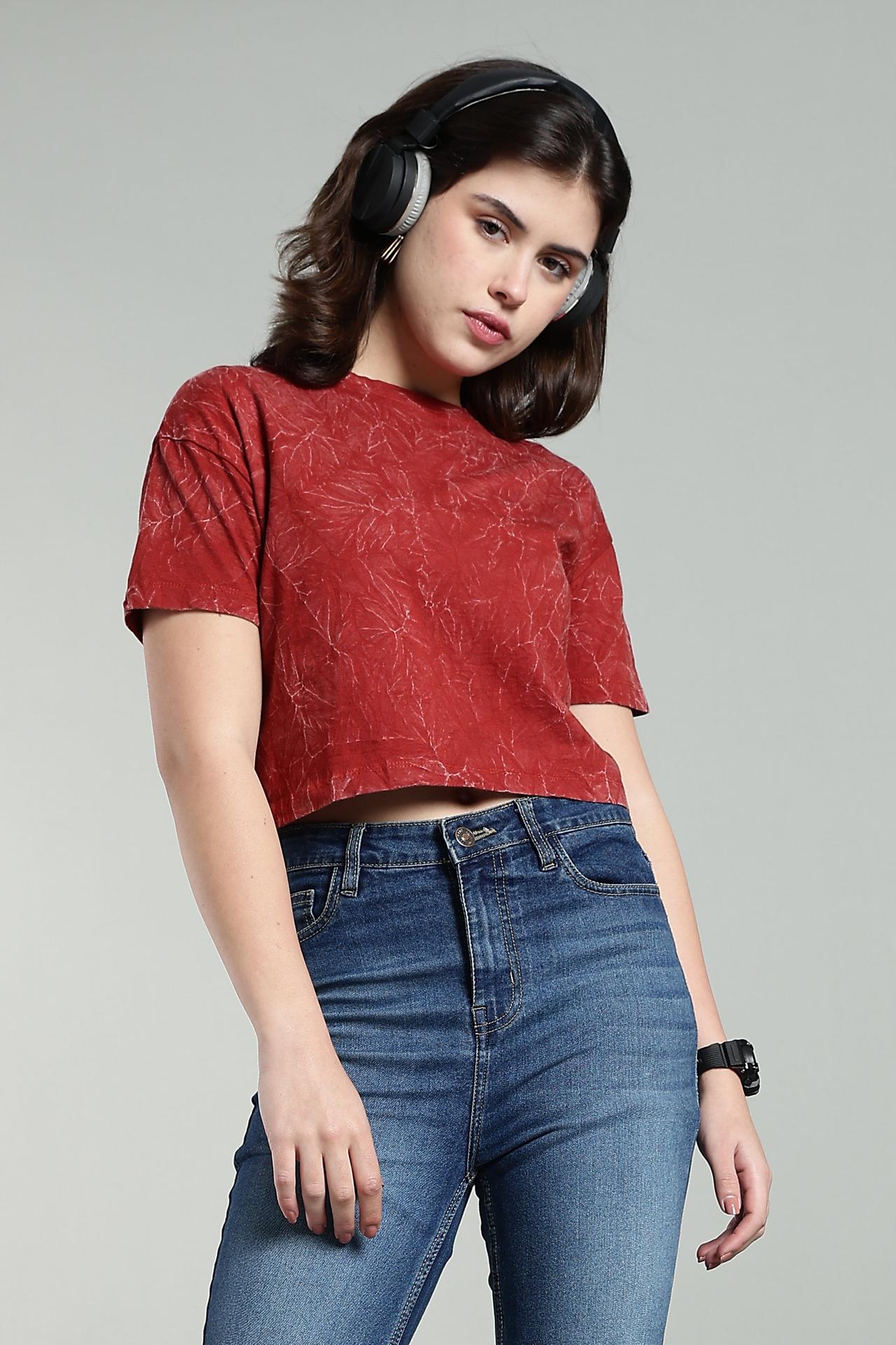Womens Crop Top Acid Wash Cotton Tshirt - Rust image 2