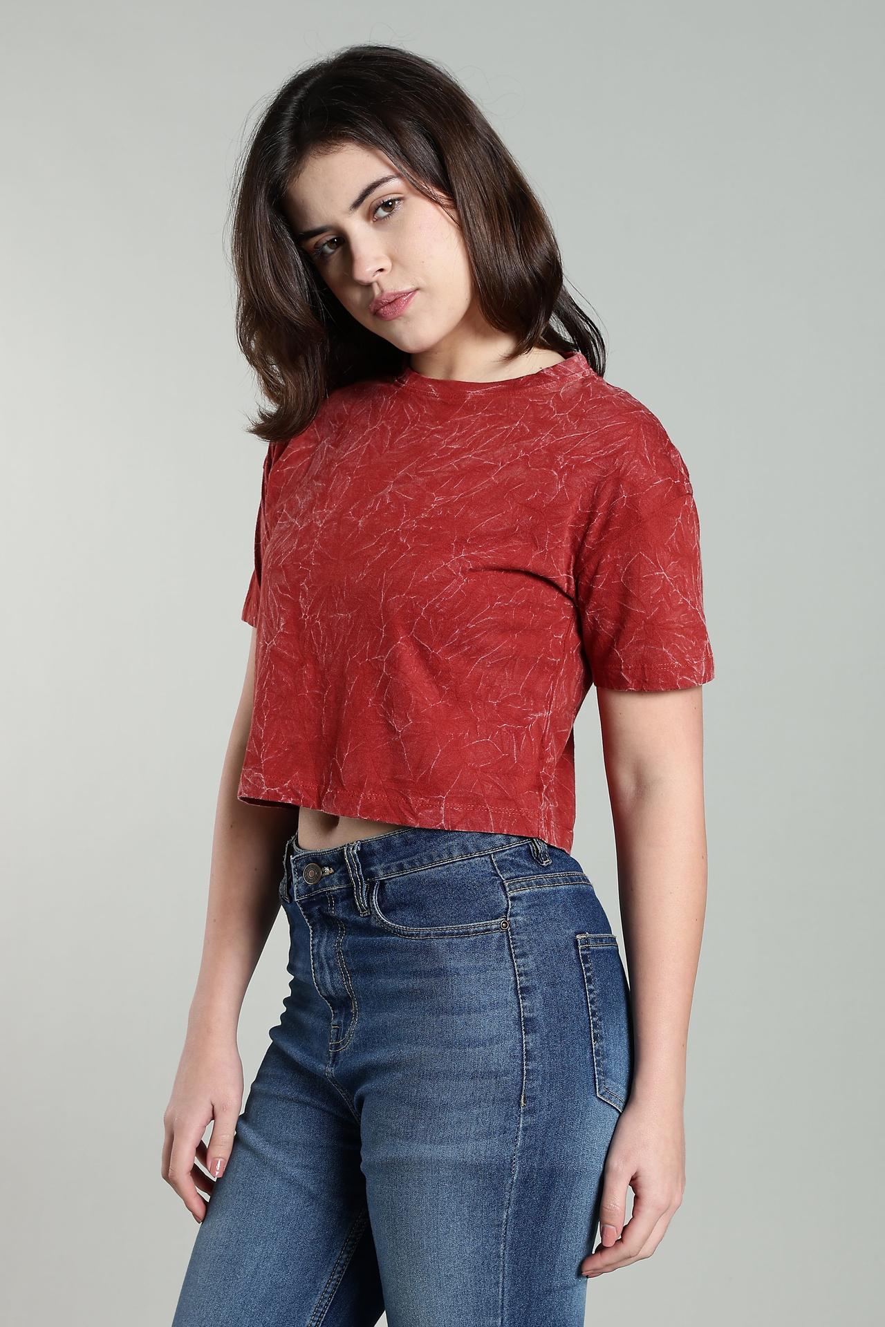 Womens Crop Top Acid Wash Cotton Tshirt - Rust image 4
