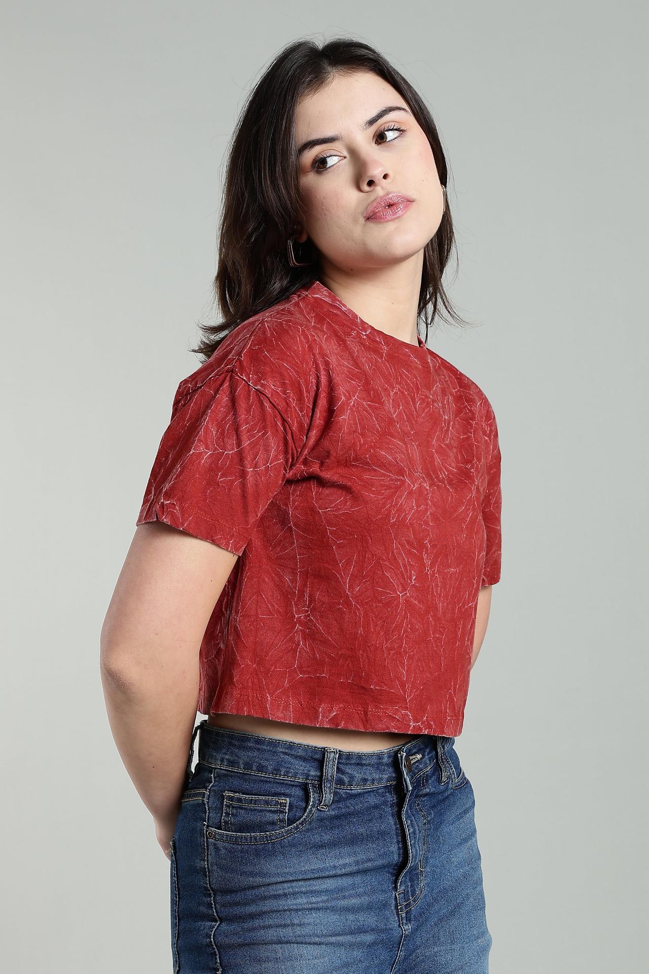 Womens Crop Top Acid Wash Cotton Tshirt - Rust image 5