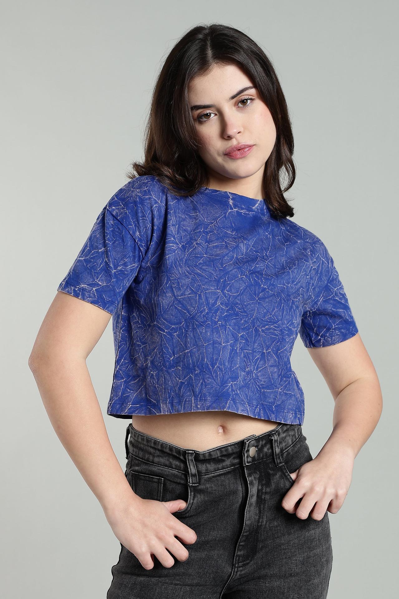Womens Crop Top Acid Wash Cotton Tshirt - Royal Blue