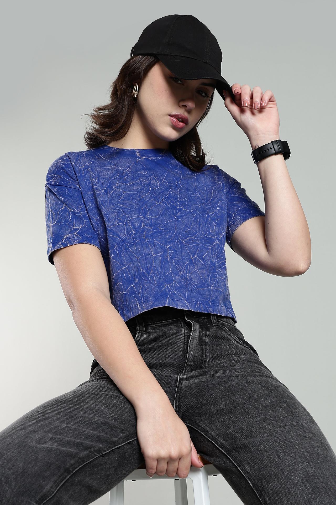 Womens Crop Top Acid Wash Cotton Tshirt - Royal Blue image 2