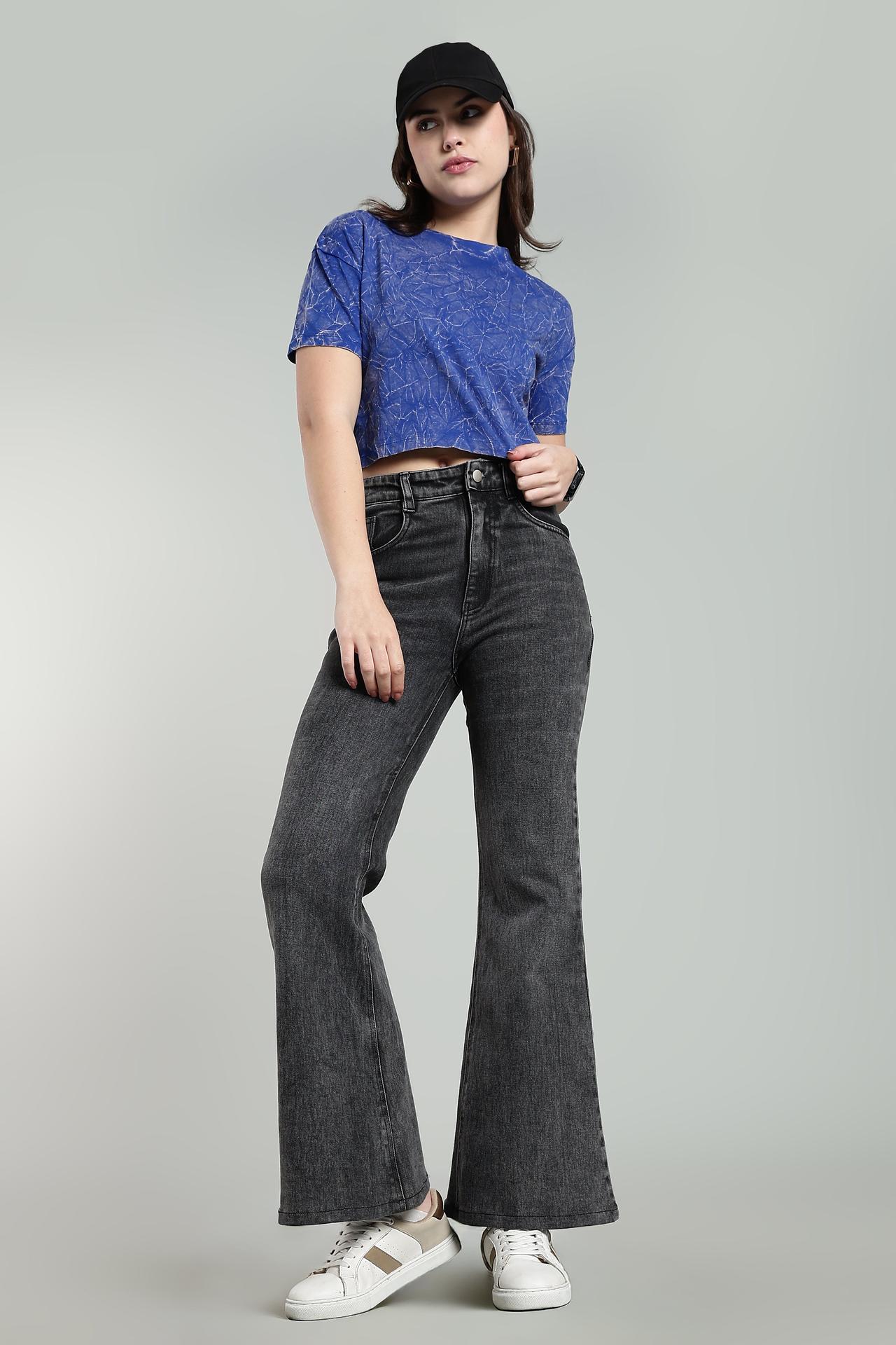 Womens Crop Top Acid Wash Cotton Tshirt - Royal Blue image 3