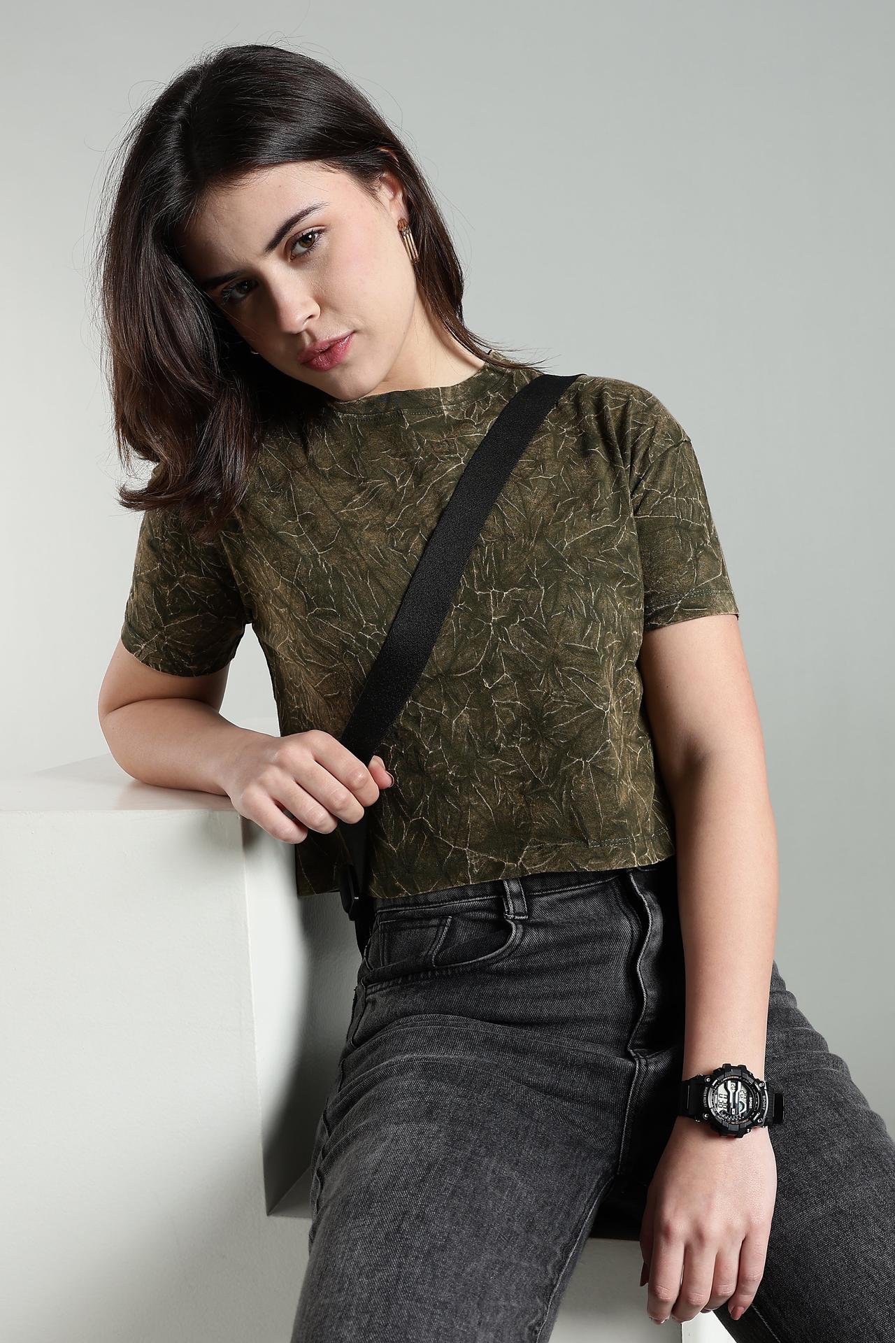 Womens Crop Top Acid Wash Cotton Tshirt - Olive image 2