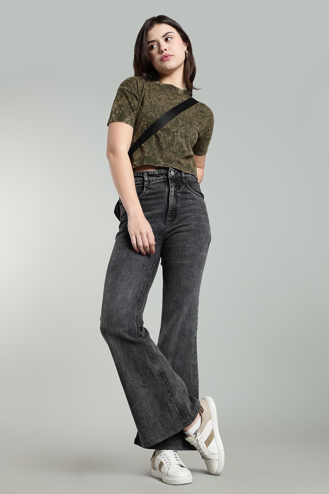 Womens Crop Top Acid Wash Cotton Tshirt - Olive image 3