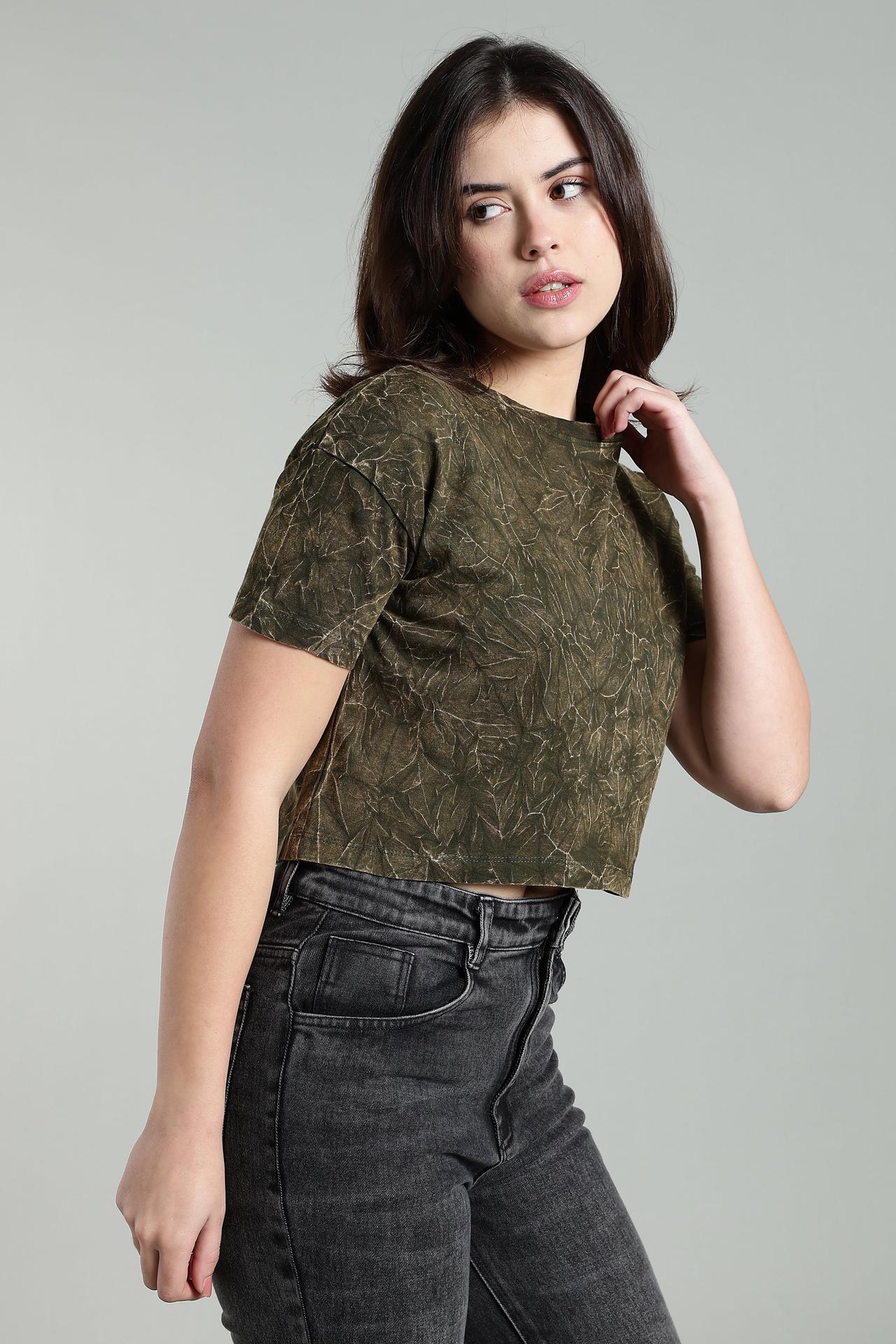 Womens Crop Top Acid Wash Cotton Tshirt - Olive image 4