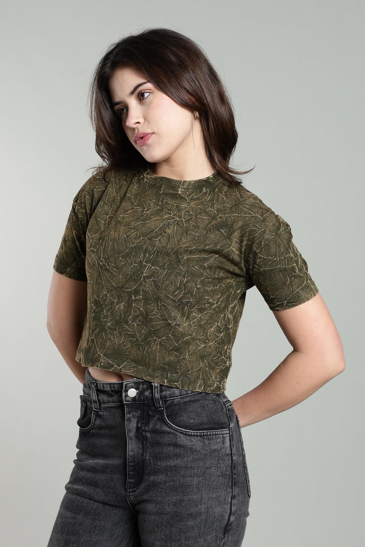 Womens Crop Top Acid Wash Cotton Tshirt - Olive image 5