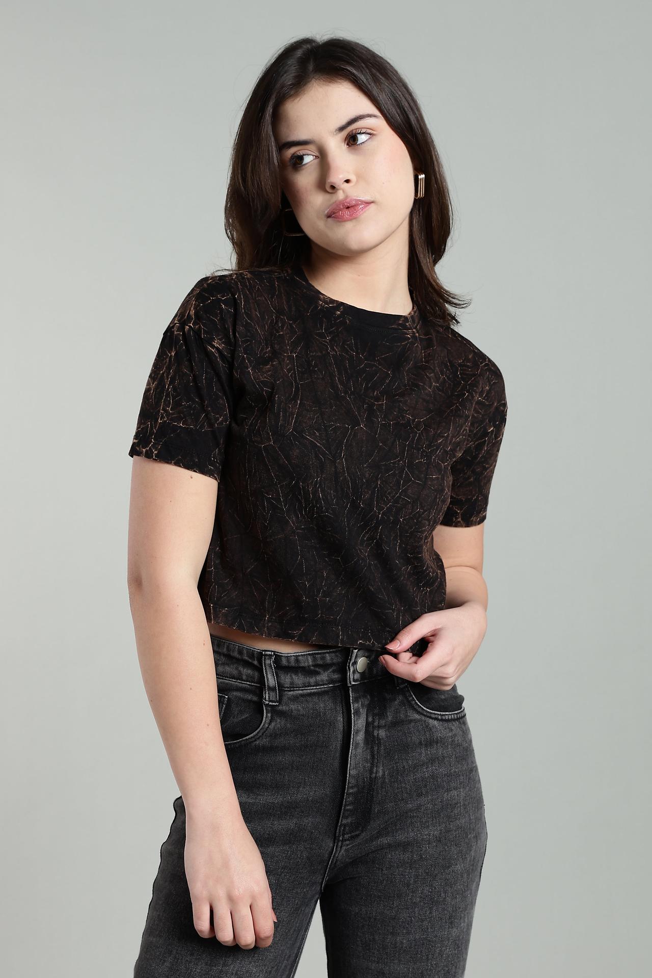 Womens Crop Top Acid Wash Cotton Tshirt - Black