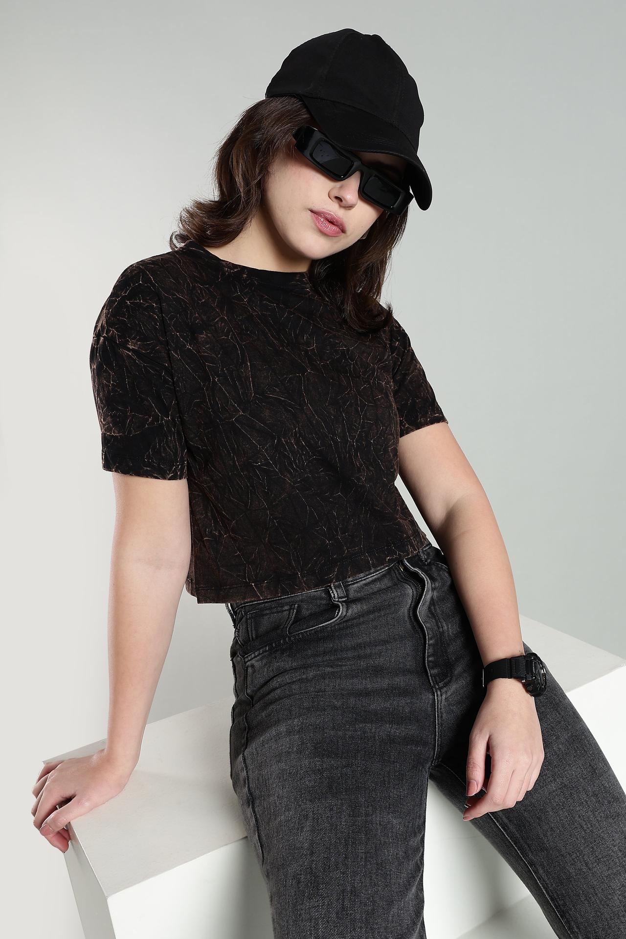 Womens Crop Top Acid Wash Cotton Tshirt - Black image 2
