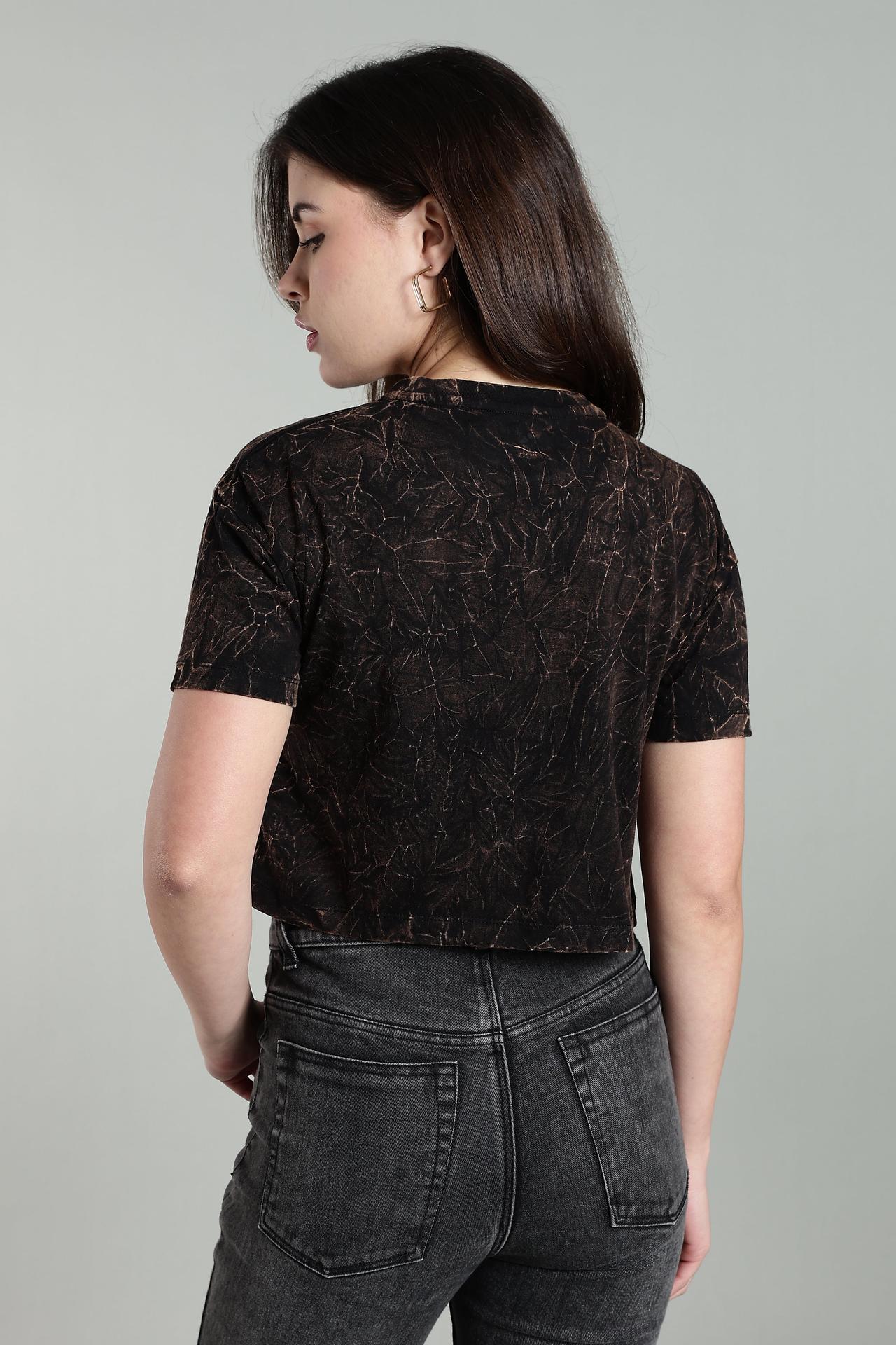 Womens Crop Top Acid Wash Cotton Tshirt - Black image 4