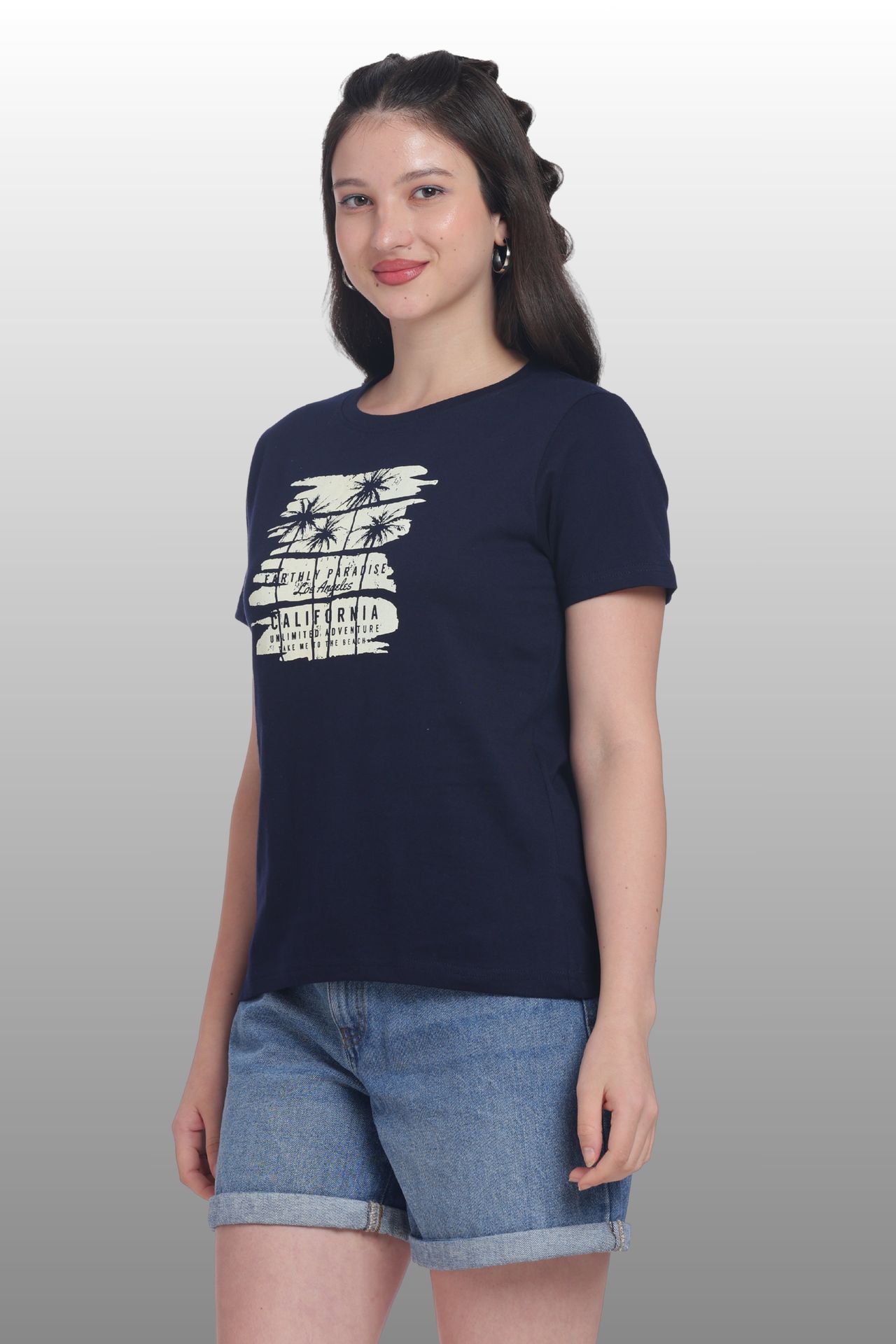 Womens Regular Fit Cotton Printed Tshirt - California-navy image 3