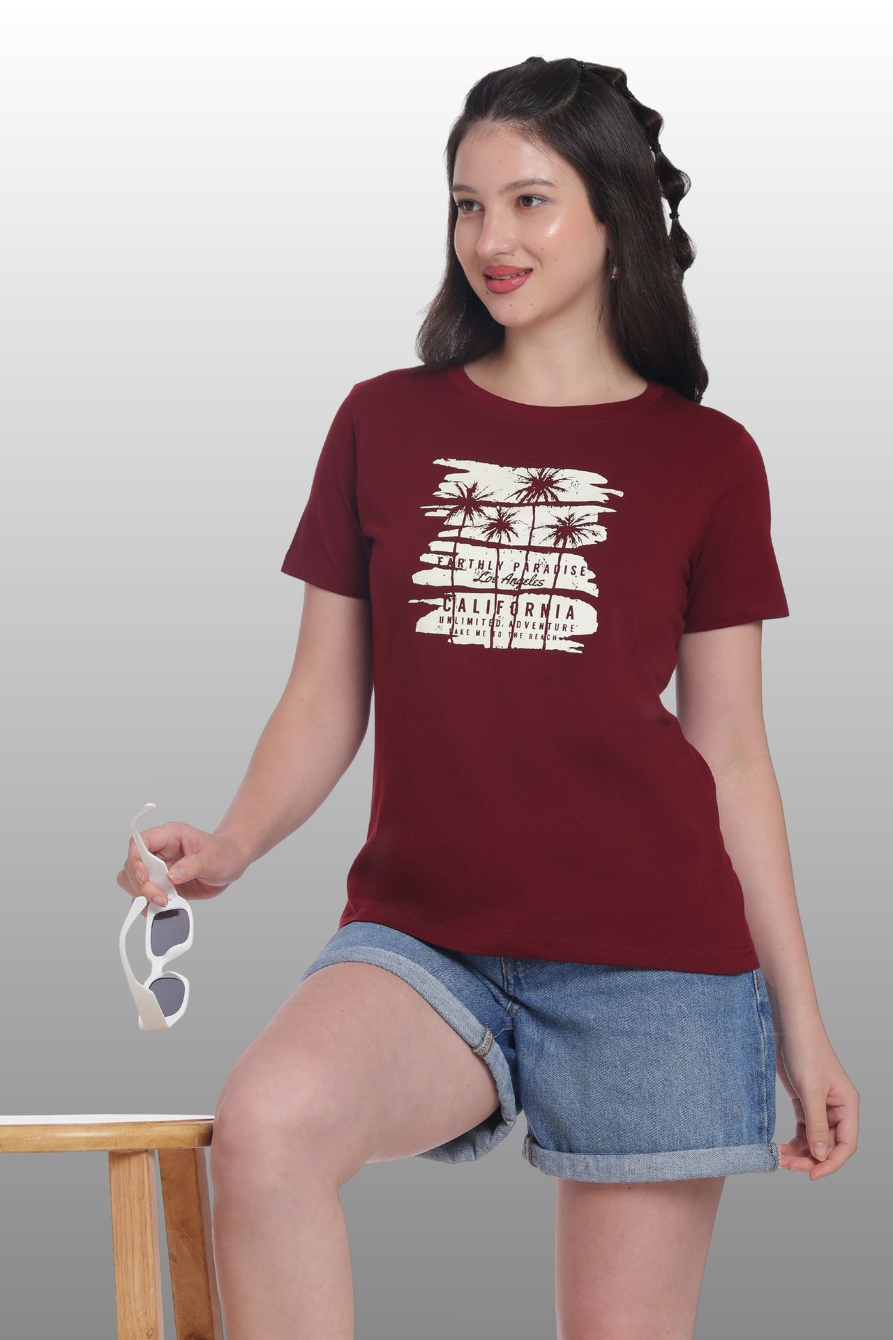 Womens Regular Fit Cotton Printed Tshirt - California-maroon