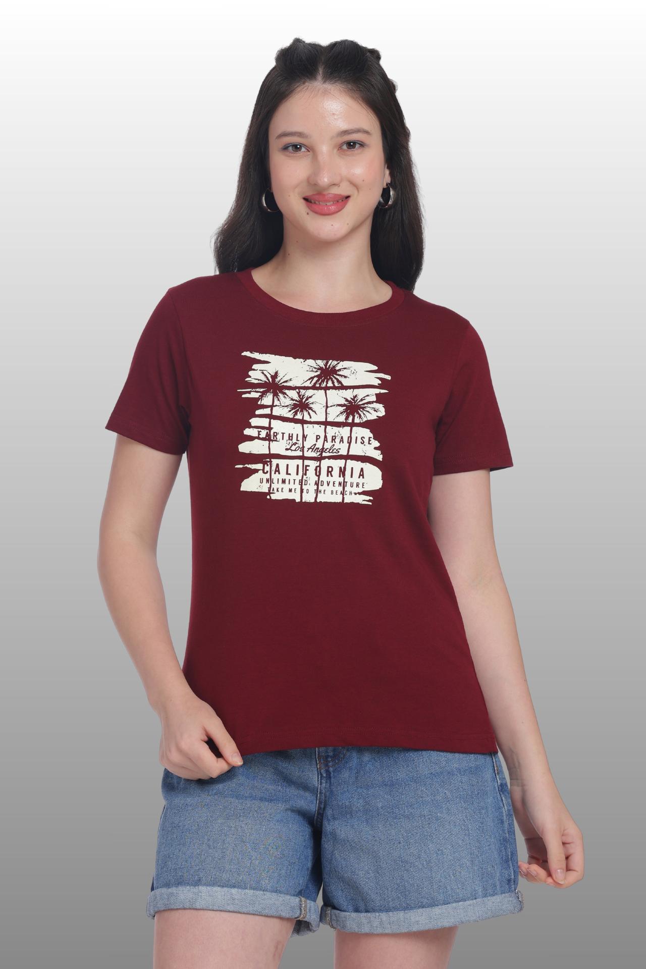 Womens Regular Fit Cotton Printed Tshirt - California-maroon image 2