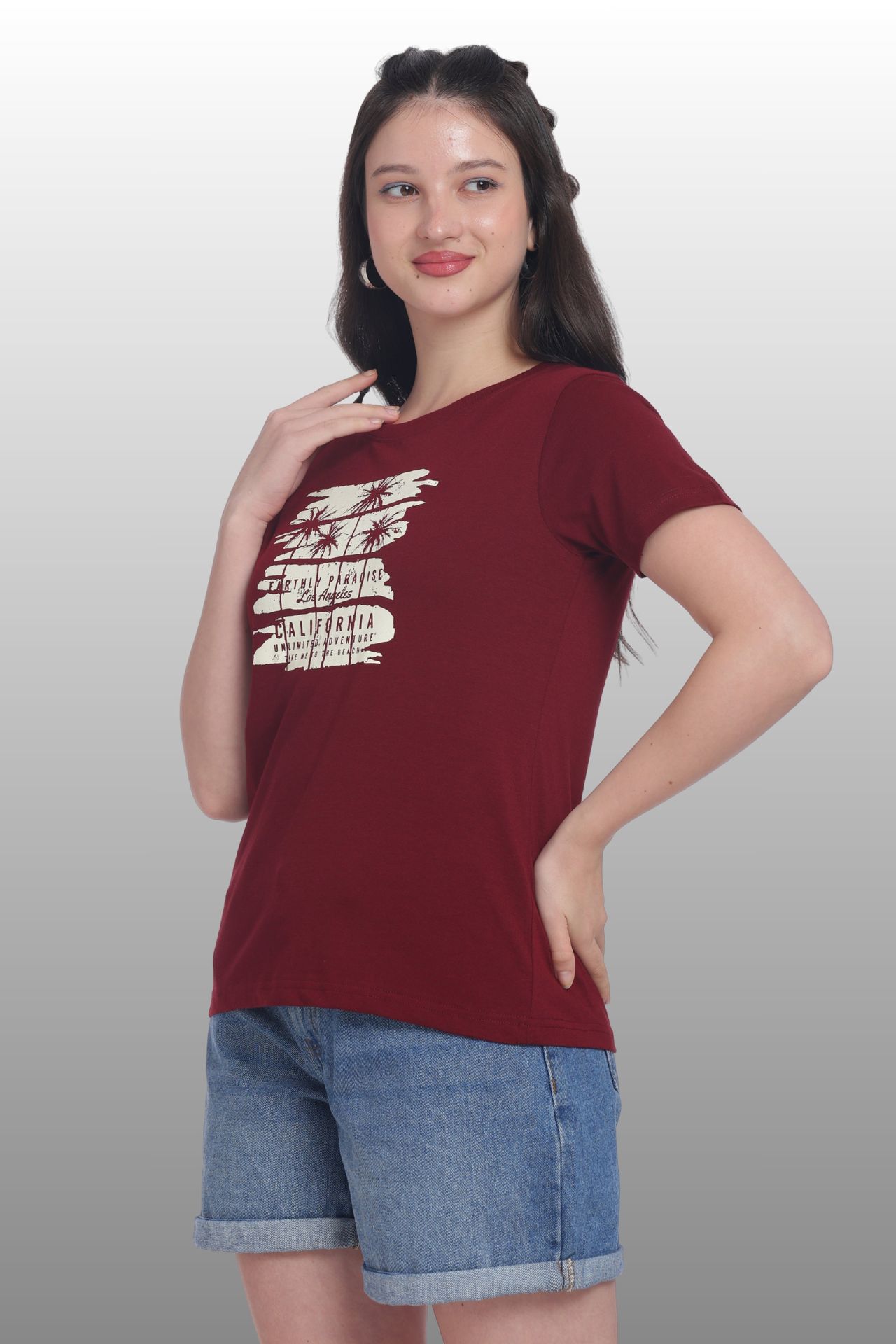 Womens Regular Fit Cotton Printed Tshirt - California-maroon image 3