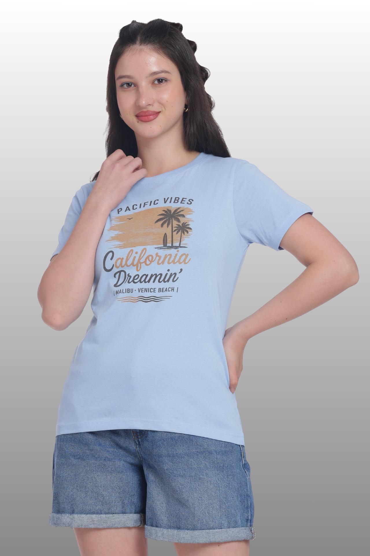 Womens Regular Fit Cotton Printed Tshirt - California-light Blue image 2
