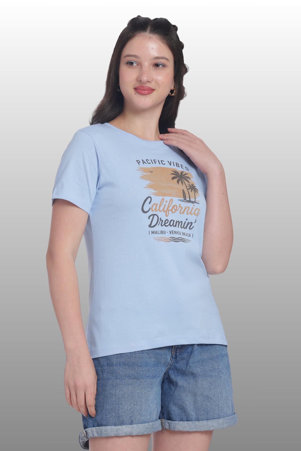 Womens Regular Fit Cotton Printed Tshirt - California-light Blue image 3