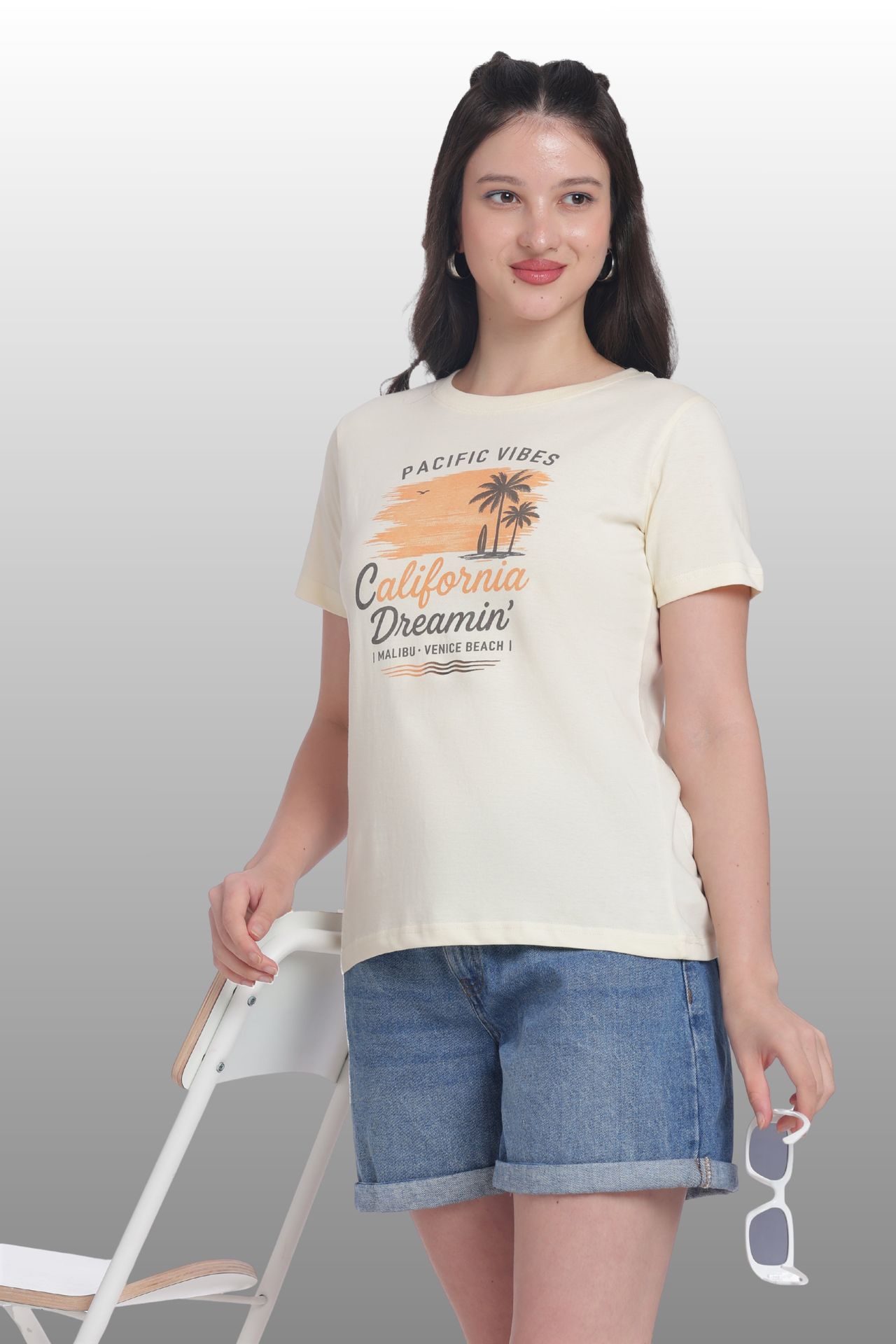 Womens Regular Fit Cotton Printed Tshirt - California-cream image 2