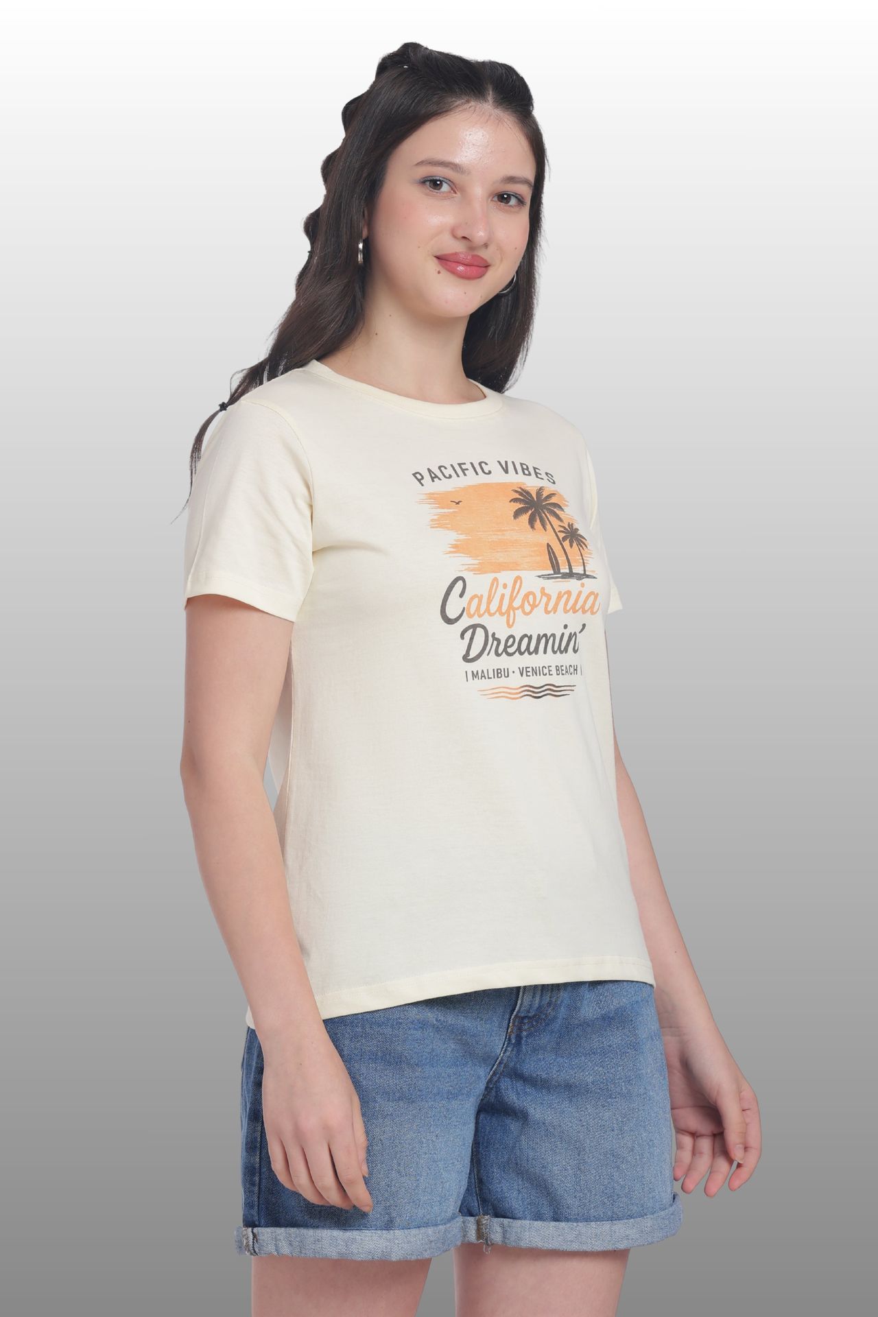 Womens Regular Fit Cotton Printed Tshirt - California-cream image 3
