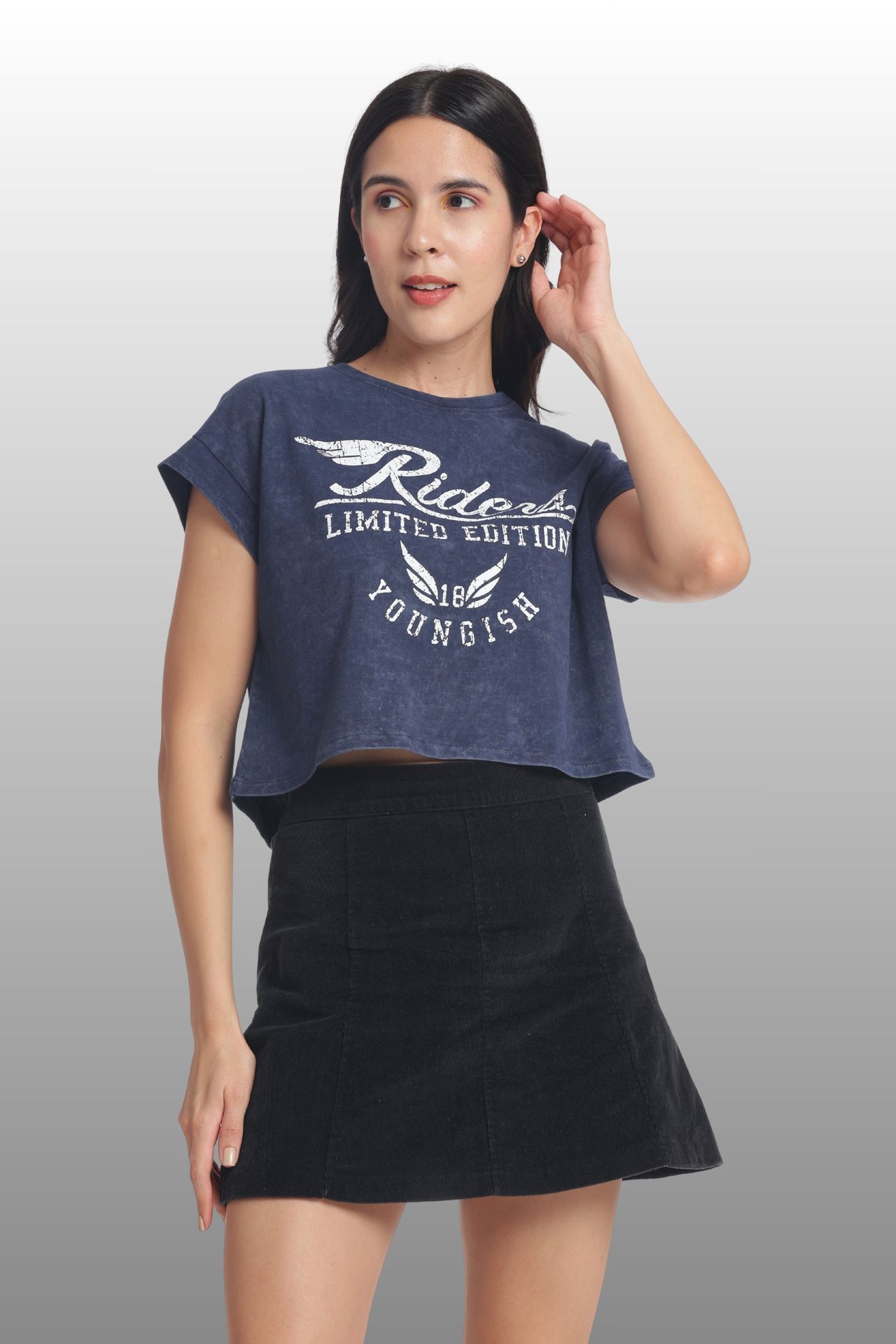 Womens Crop Top Cotton Printed Tshirt - Riders Navy image 2