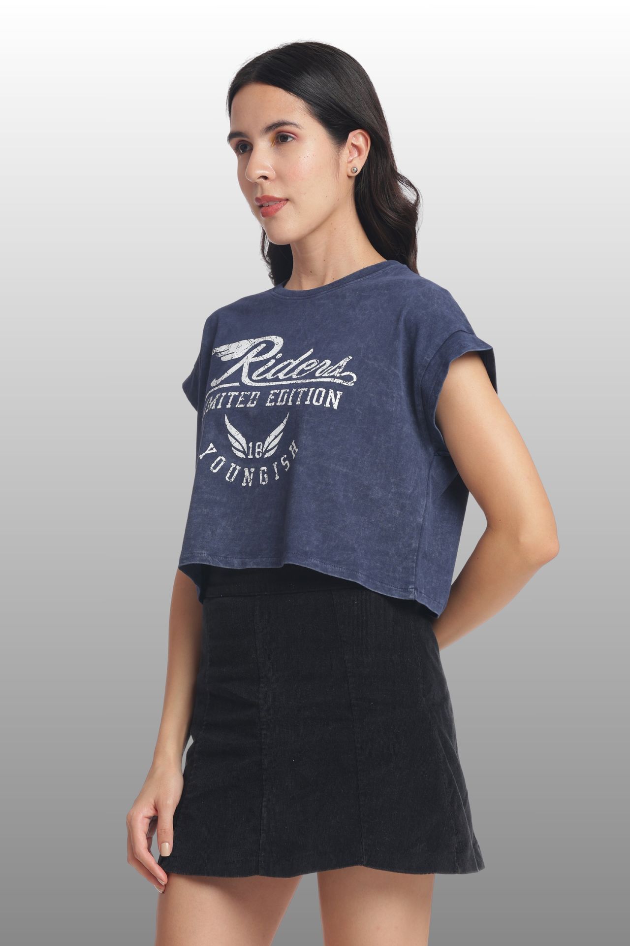 Womens Crop Top Cotton Printed Tshirt - Riders Navy image 3