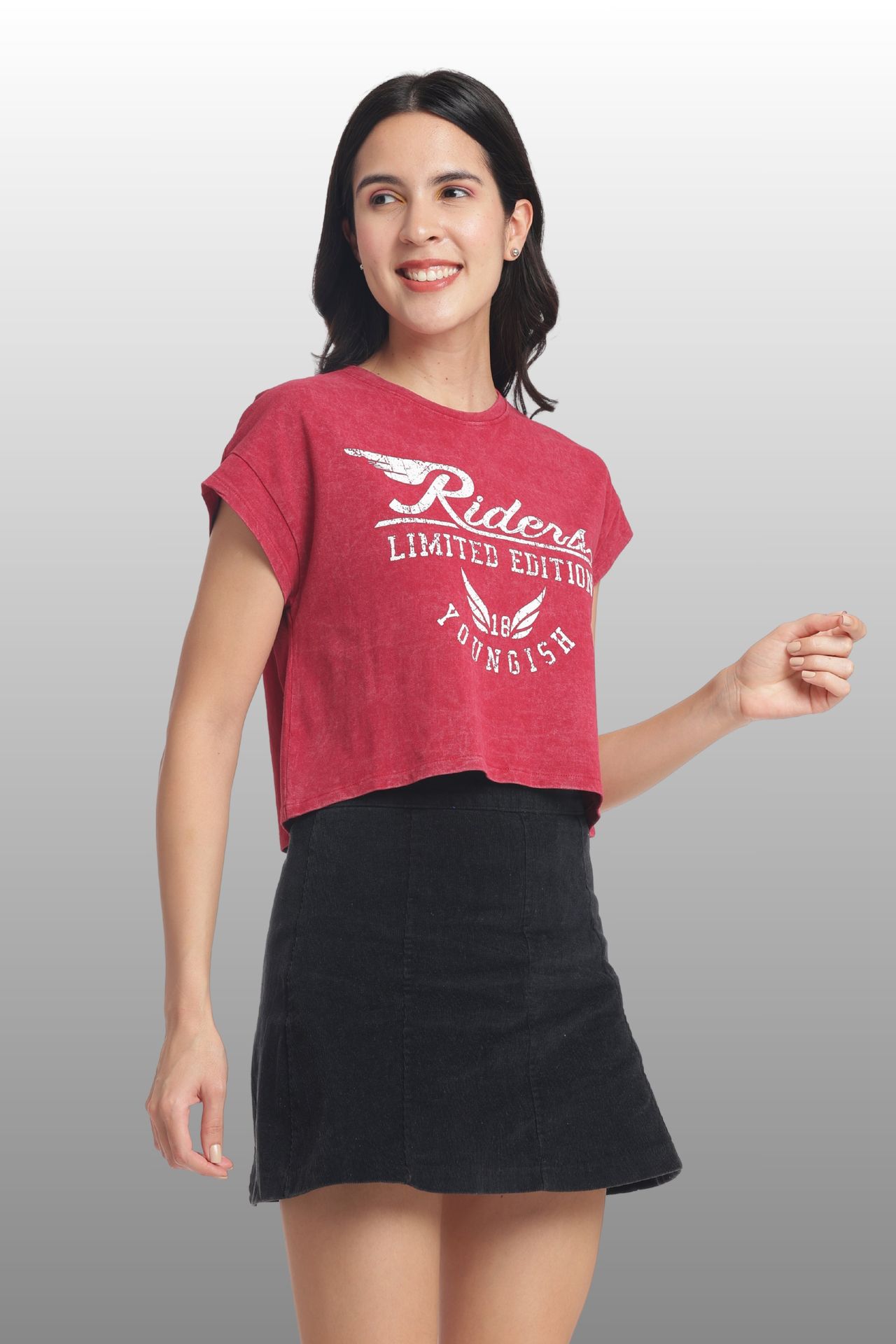 Womens Crop Top Cotton Printed Tshirt - Riders Bugundy image 2