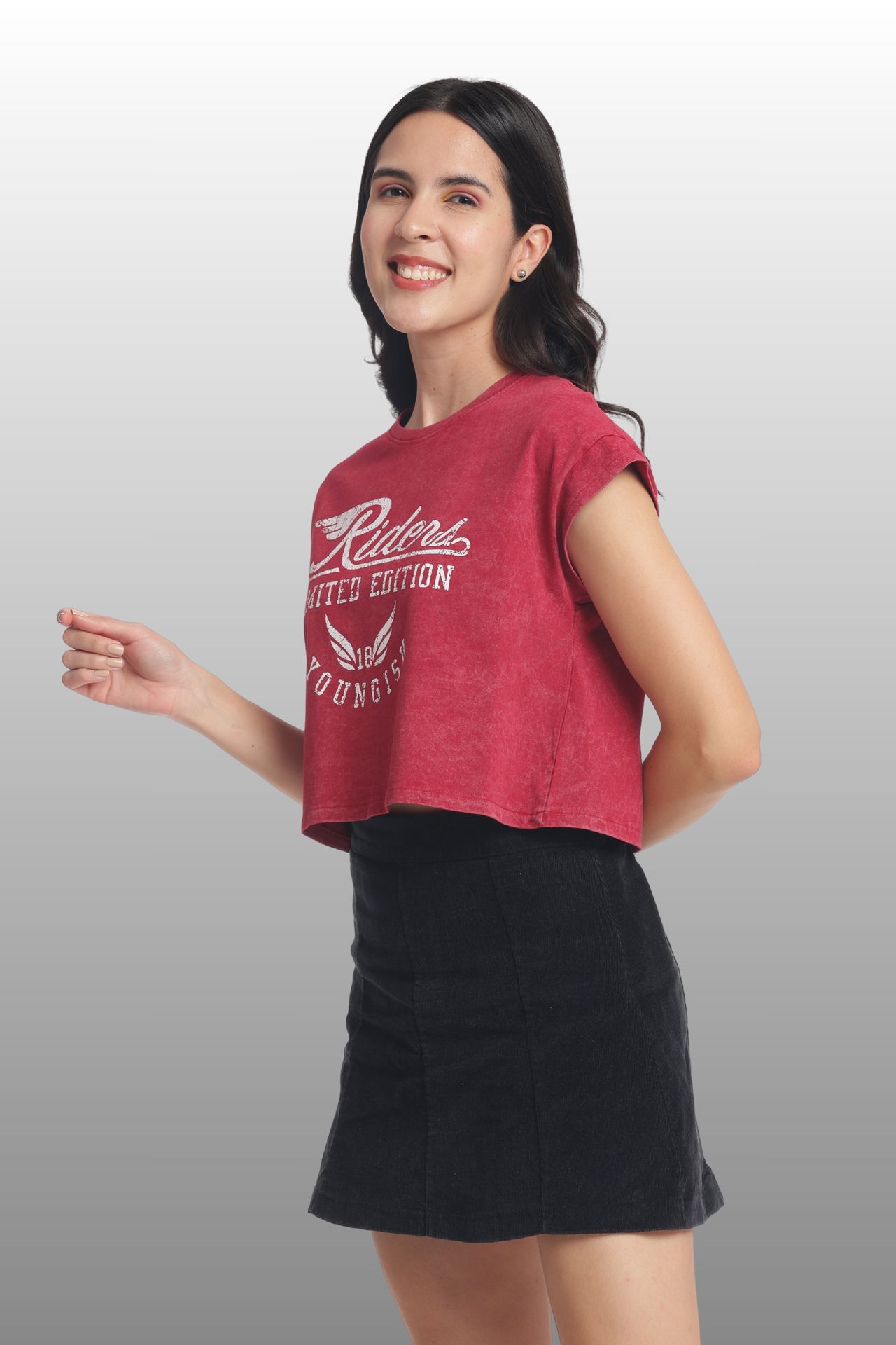 Womens Crop Top Cotton Printed Tshirt - Riders Bugundy image 3