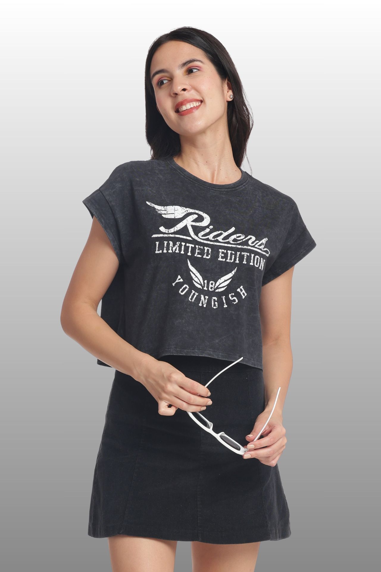 Womens Crop Top Cotton Printed Tshirt - Riders Black