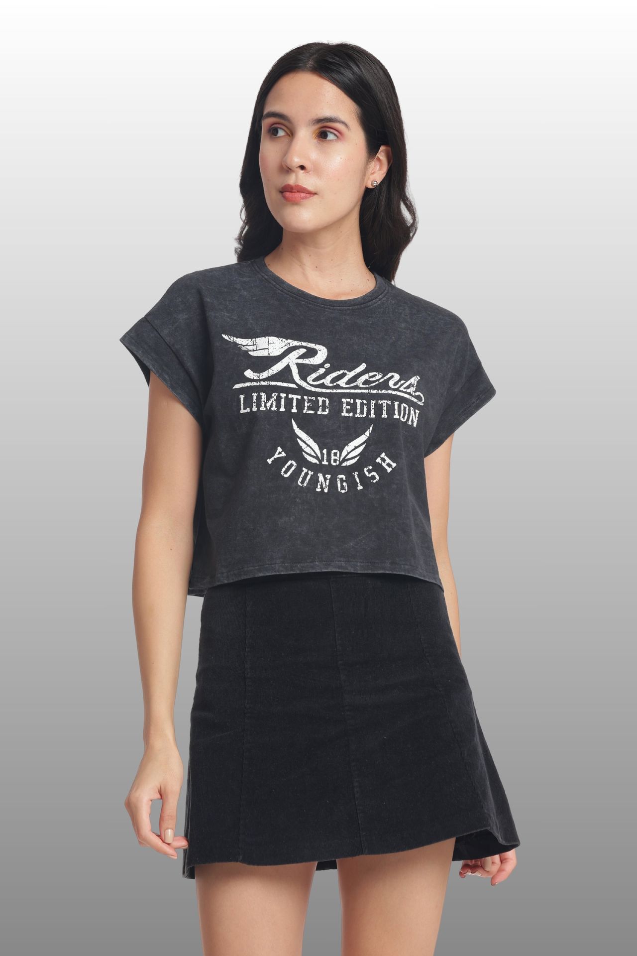 Womens Crop Top Cotton Printed Tshirt - Riders Black image 2