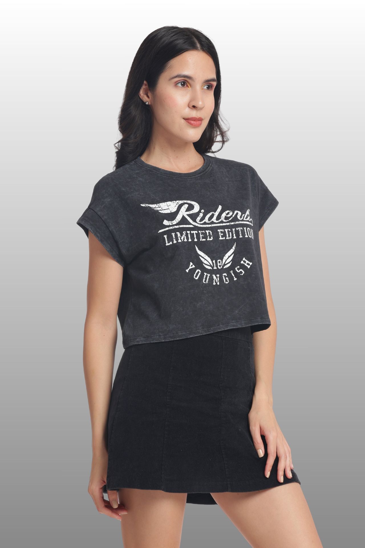 Womens Crop Top Cotton Printed Tshirt - Riders Black image 3