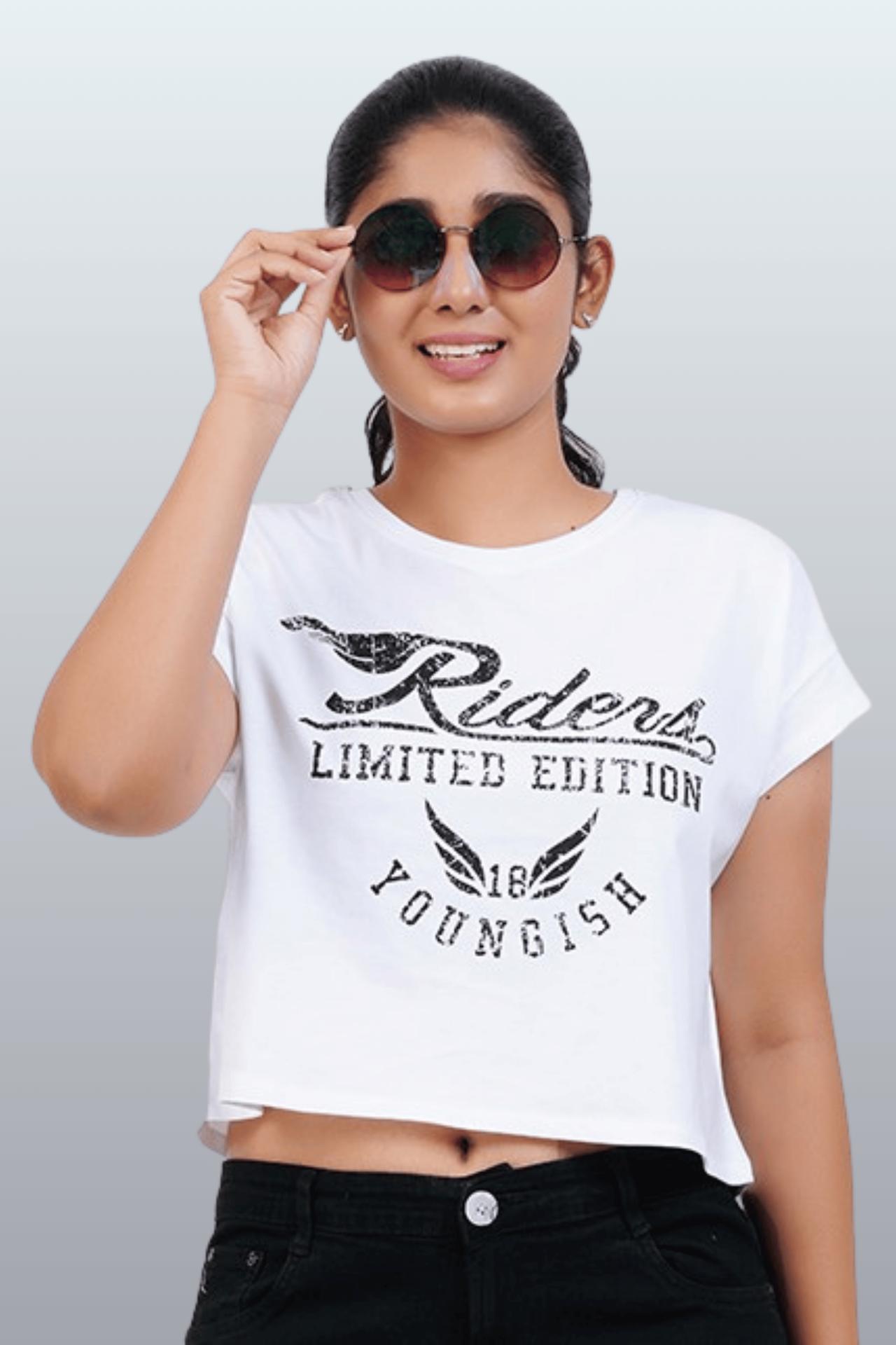 Womens Crop Top Cotton Printed Tshirt - Youngish White