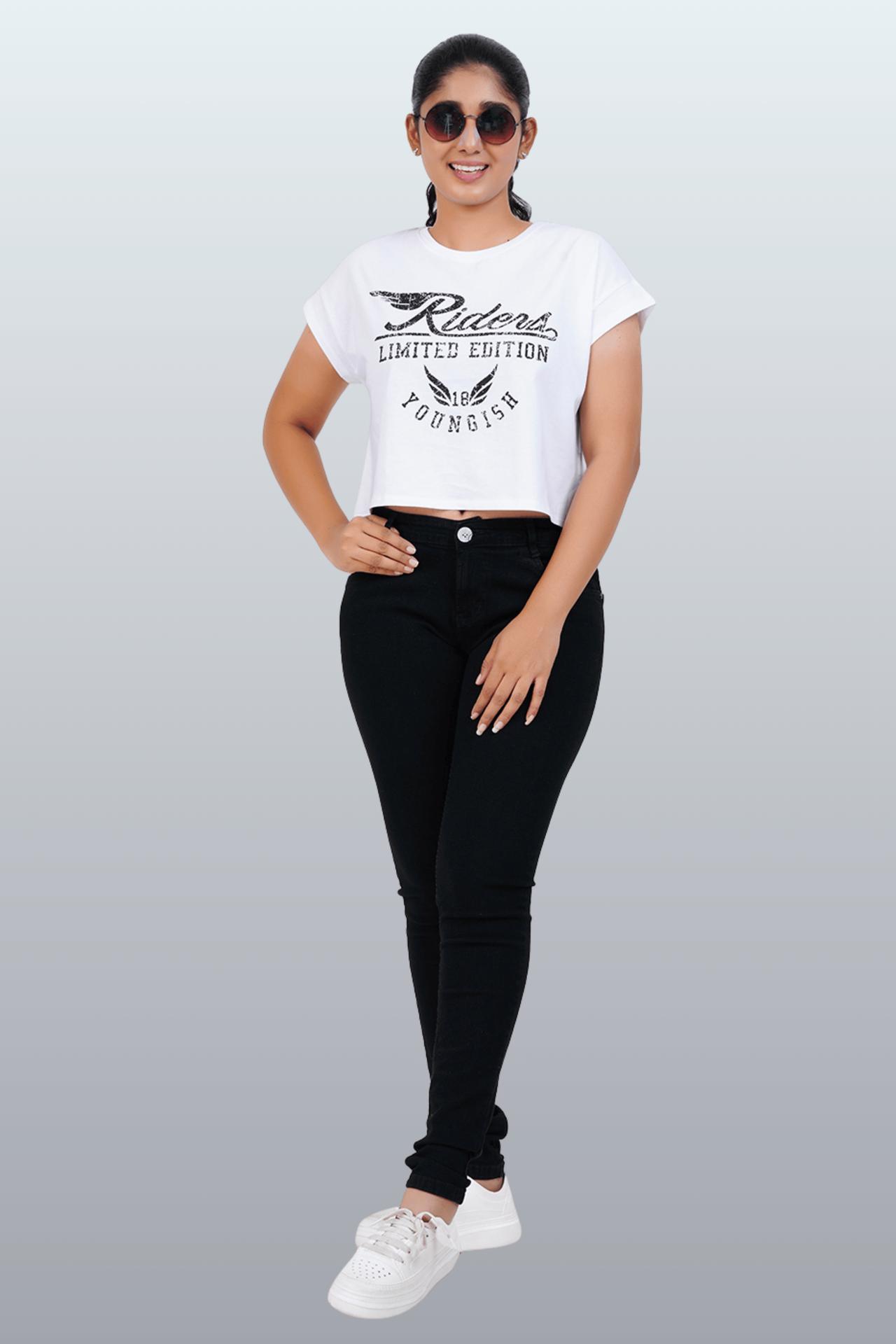 Womens Crop Top Cotton Printed Tshirt - Youngish White image 2