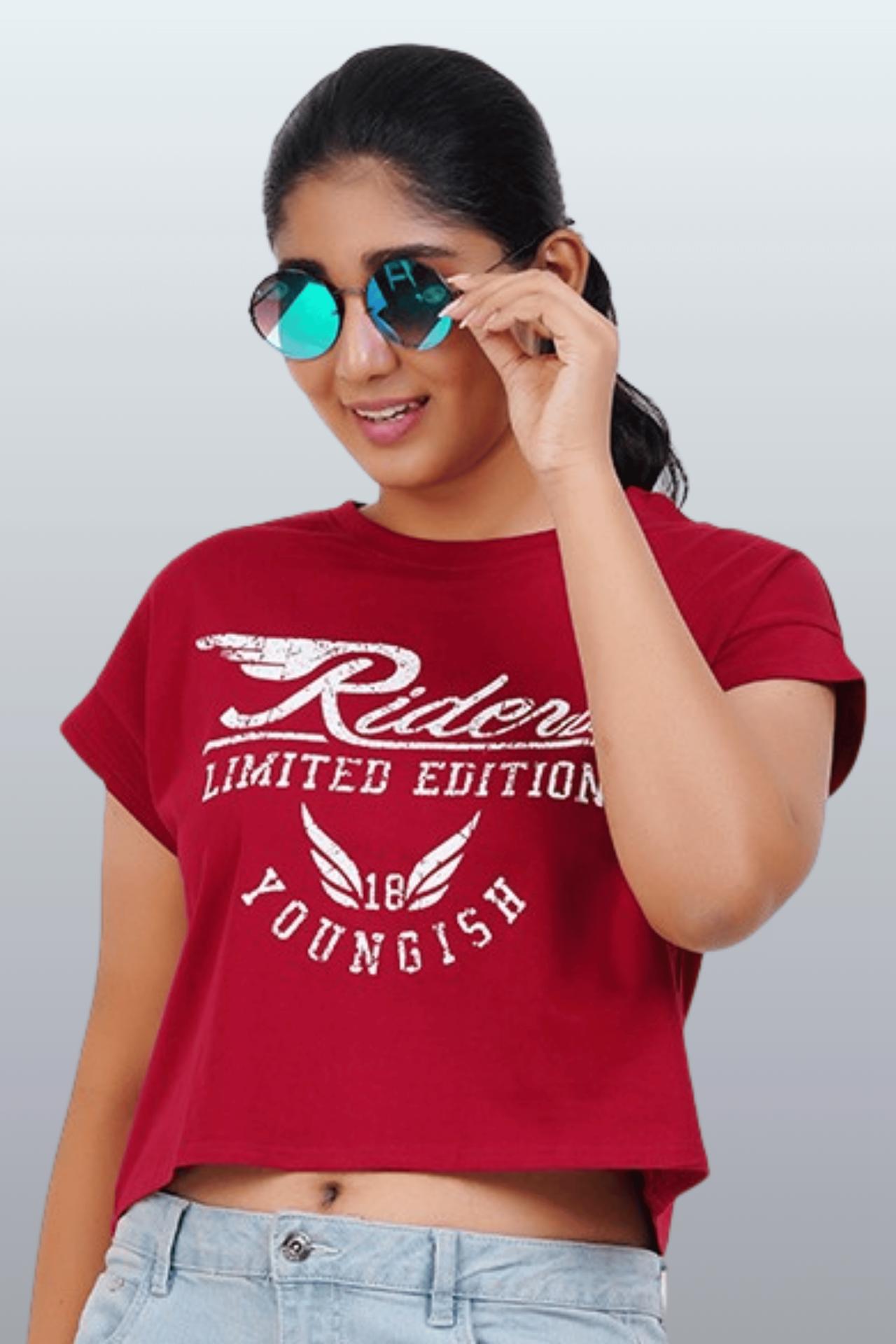 Womens Crop Top Cotton Printed Tshirt - Youngish Burgundy