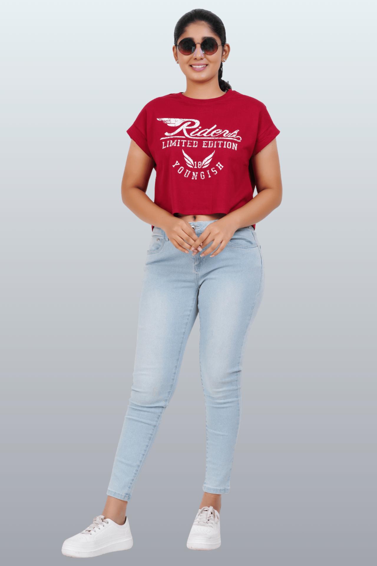 Womens Crop Top Cotton Printed Tshirt - Youngish Burgundy image 2