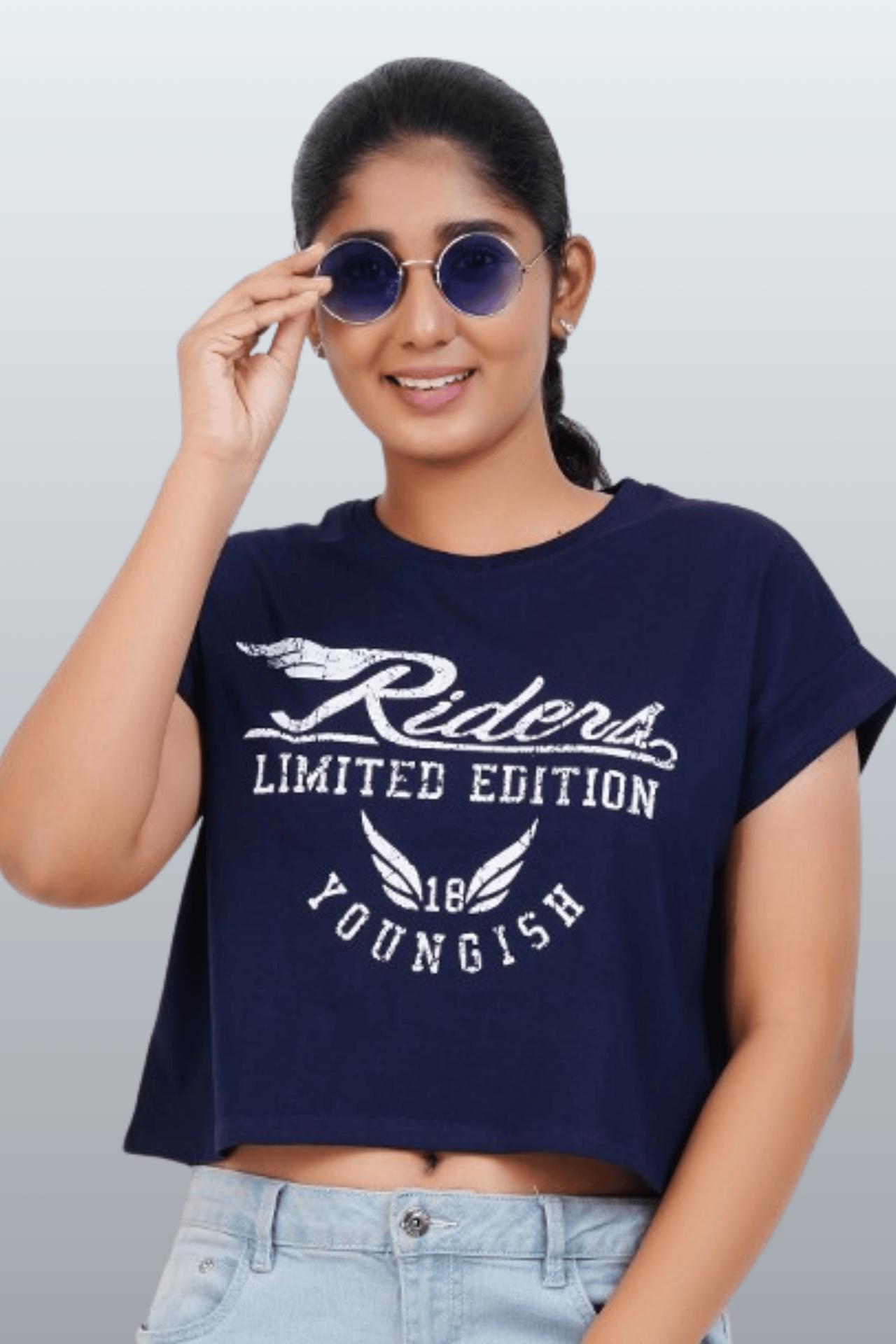 Womens Crop Top Cotton Printed Tshirt - Youngish Navy