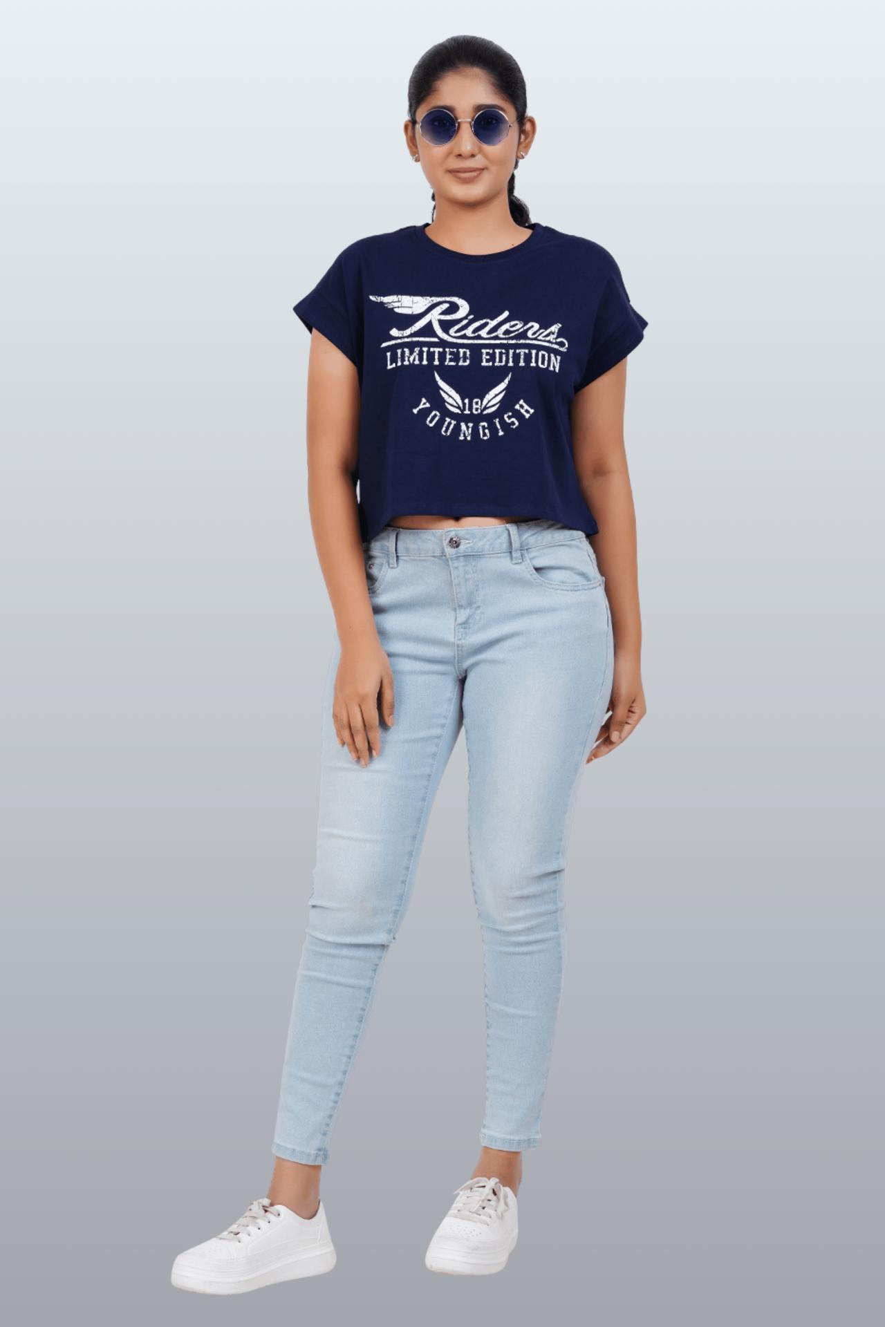 Womens Crop Top Cotton Printed Tshirt - Youngish Navy image 2