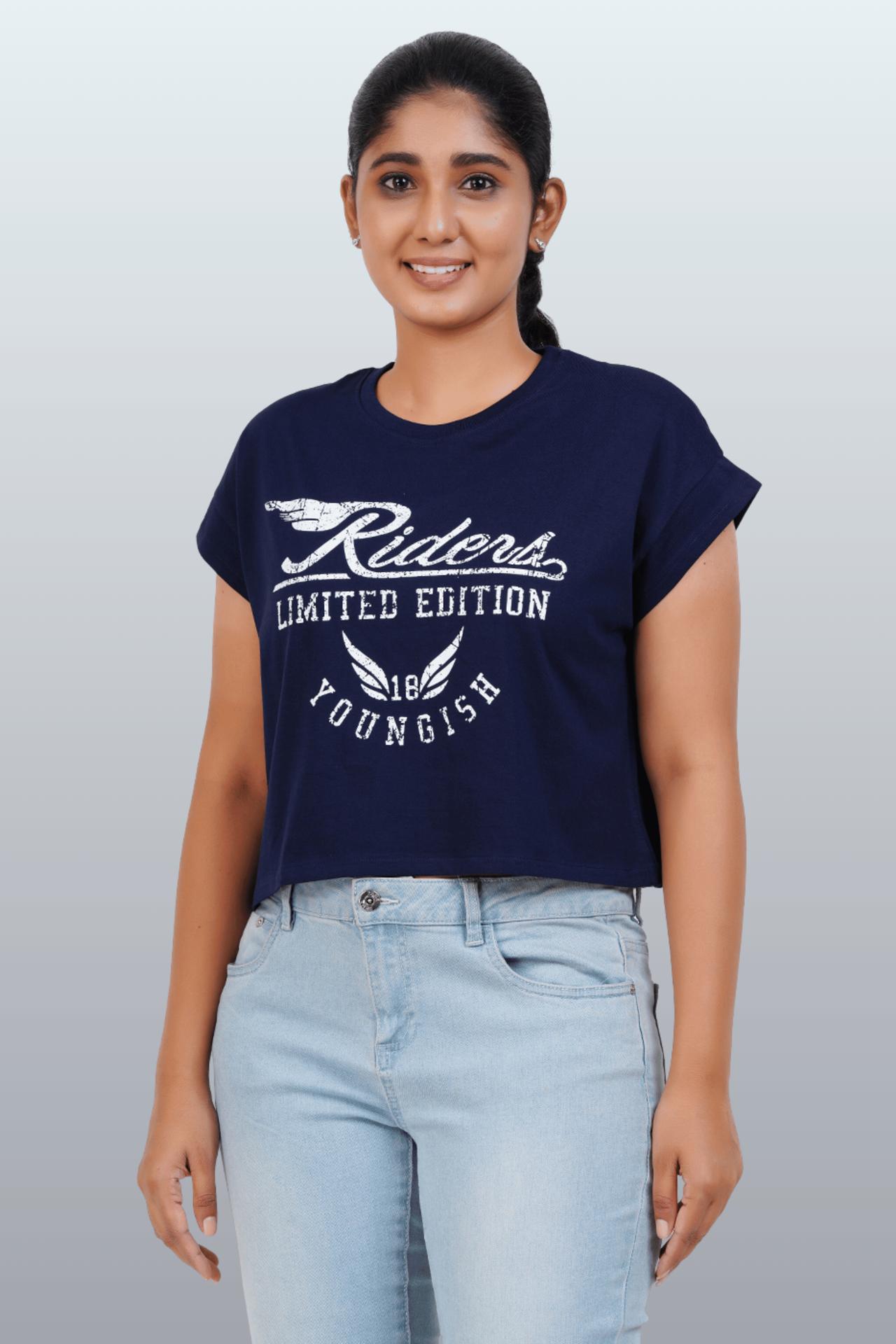 Womens Crop Top Cotton Printed Tshirt - Youngish Navy image 3