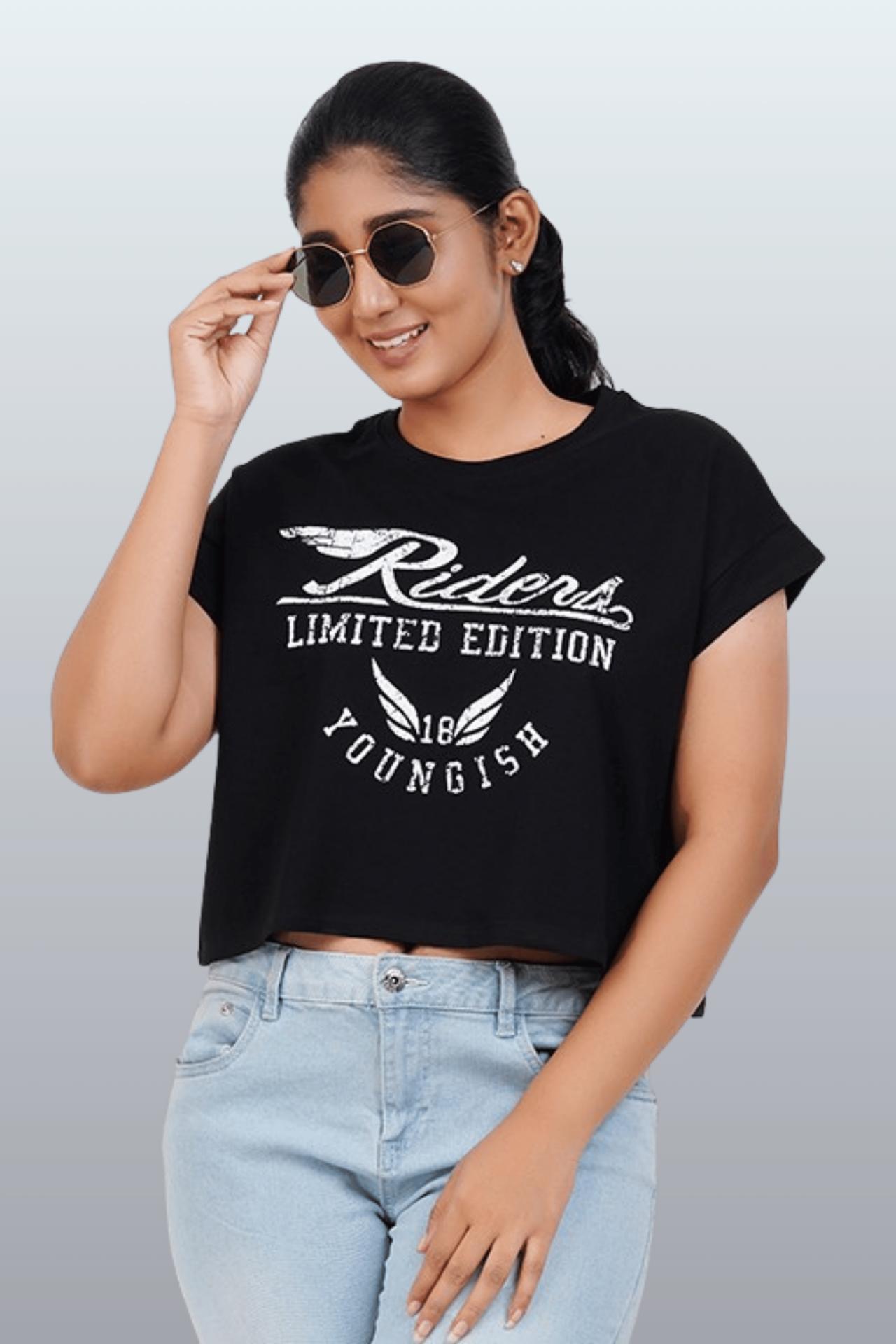 Womens Crop Top Cotton Printed Tshirt - Youngish Black