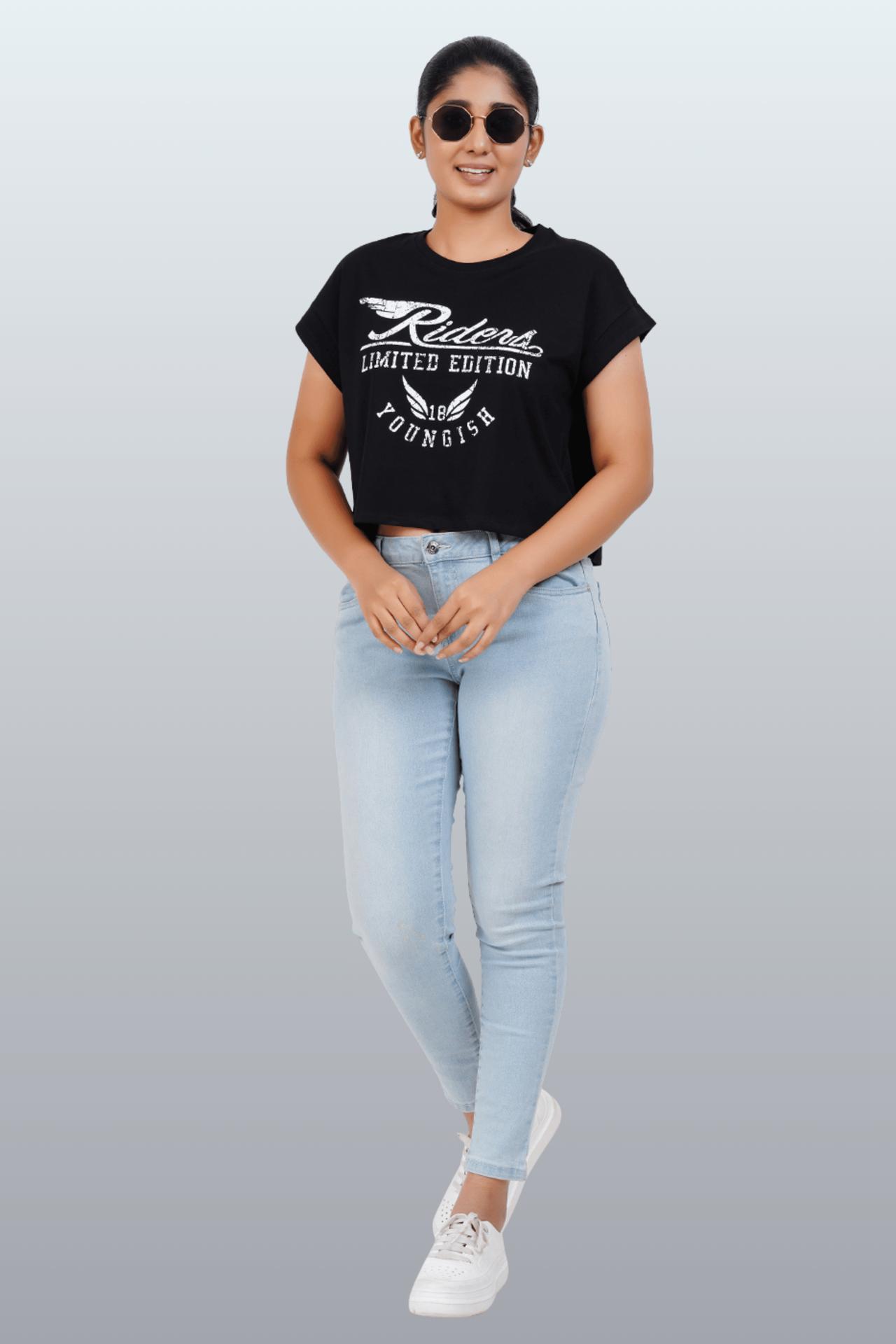 Womens Crop Top Cotton Printed Tshirt - Youngish Black image 2