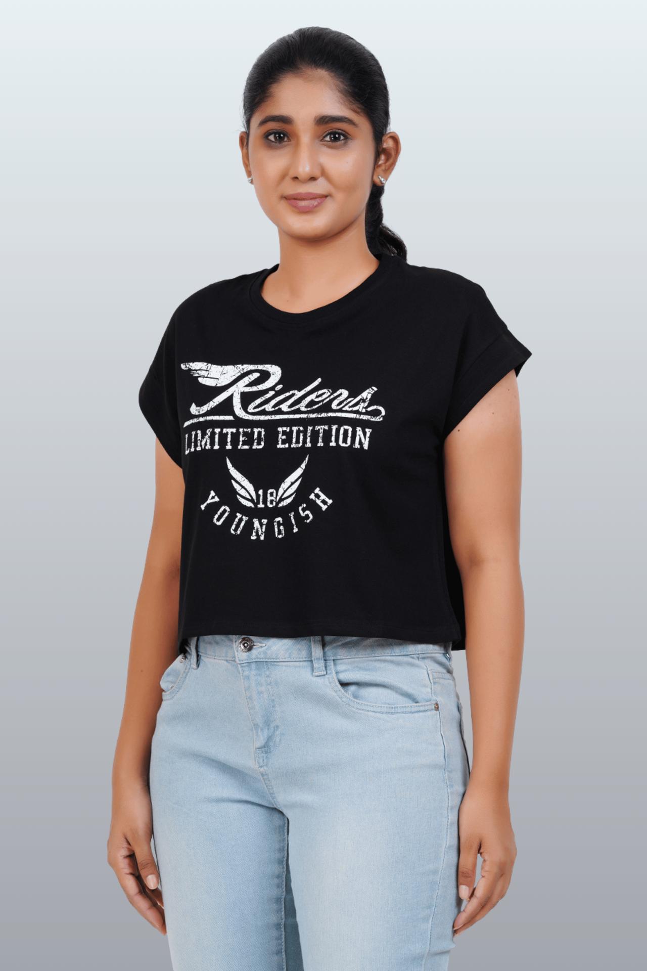 Womens Crop Top Cotton Printed Tshirt - Youngish Black image 3
