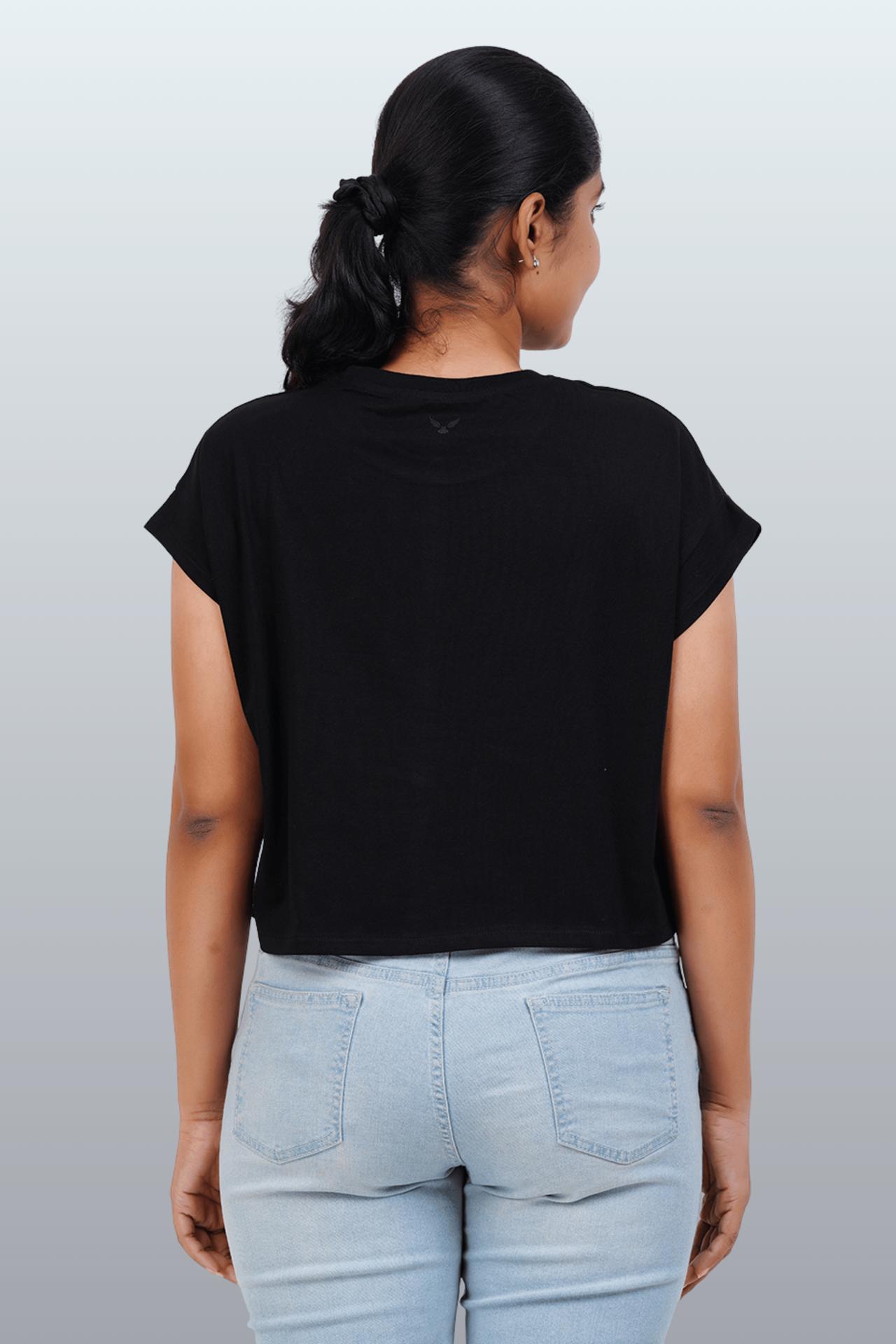 Womens Crop Top Cotton Printed Tshirt - Youngish Black image 4