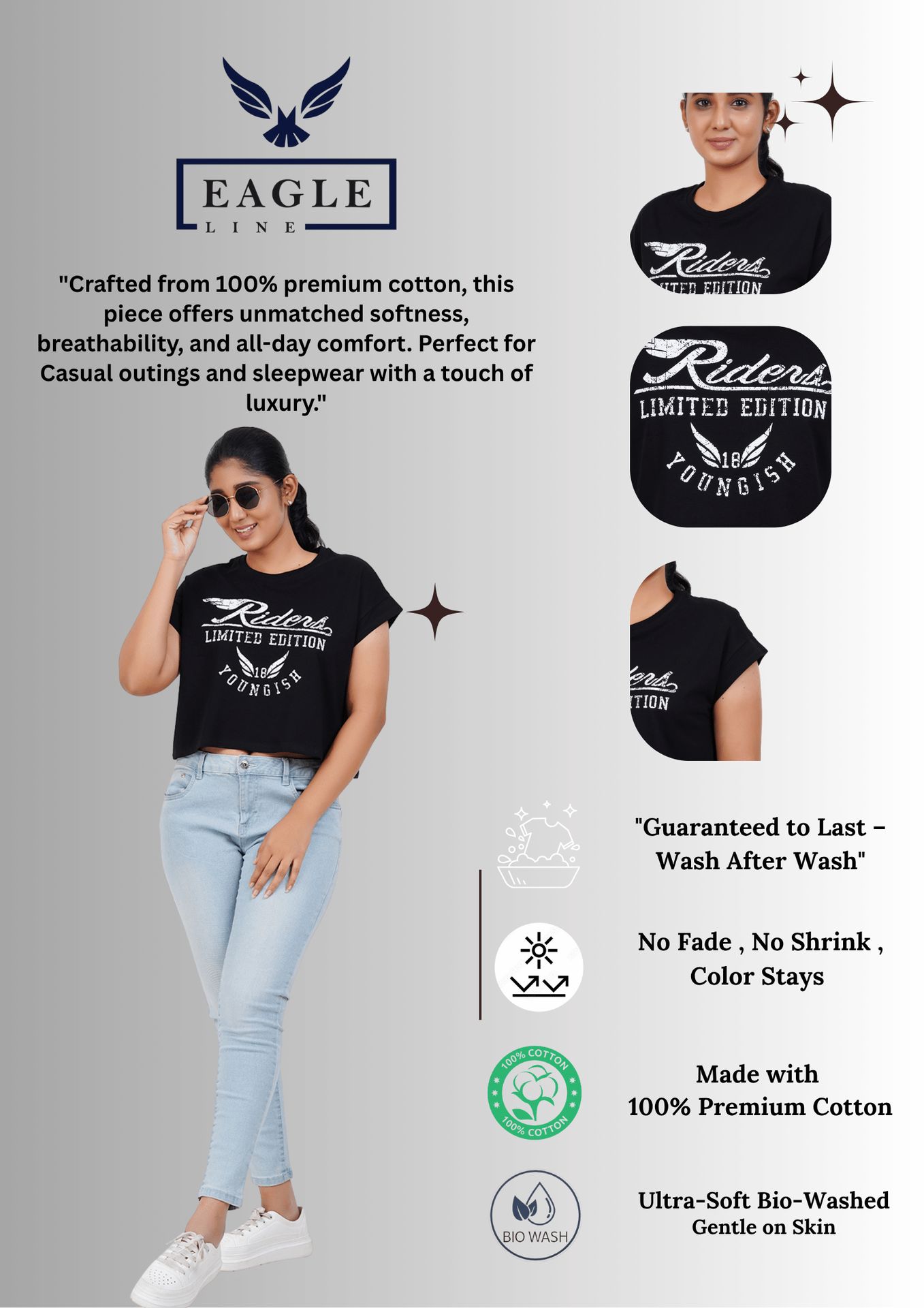 Womens Crop Top Cotton Printed Tshirt - Youngish Black image 5