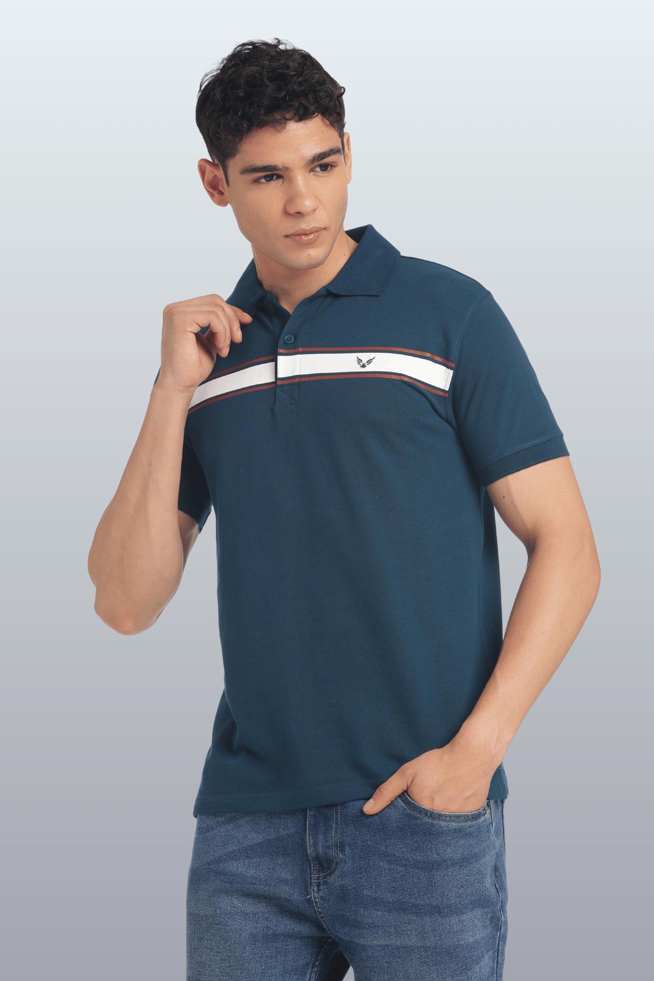 Men's Cotton Rich Polo T Shirt Regular Fit - Peacock Stripe Print