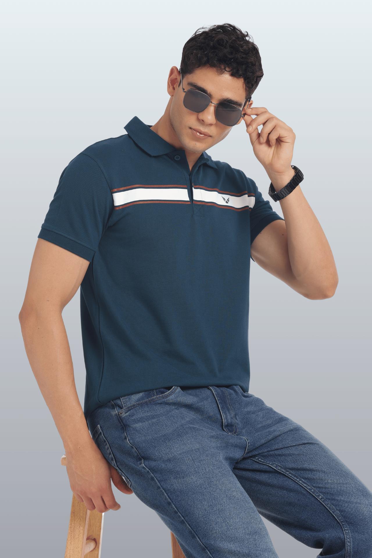 Men's Cotton Rich Polo T Shirt Regular Fit - Peacock Stripe Print image 2